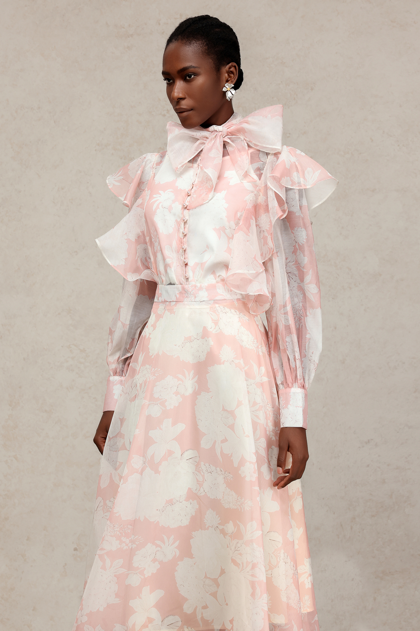 Soraya Long Sleeves Floral Printed Folds Top And Skirt Two-Piece Set
