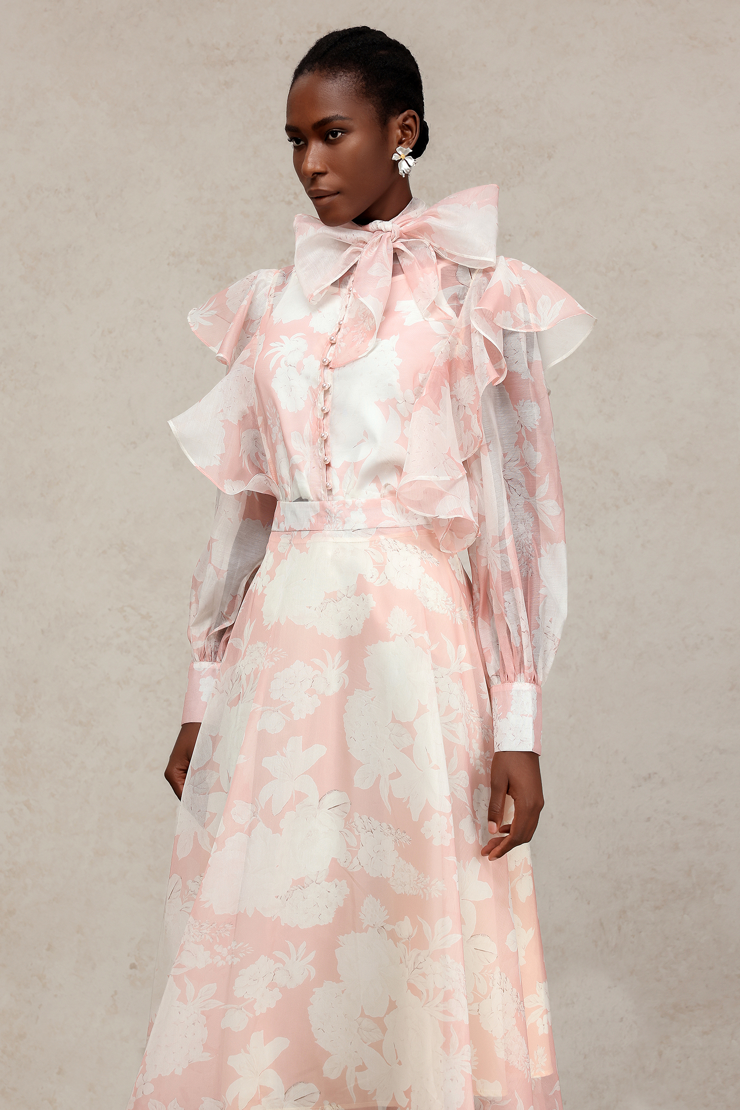 Soraya Long Sleeves Floral Printed Folds Top And Skirt Two-Piece Set