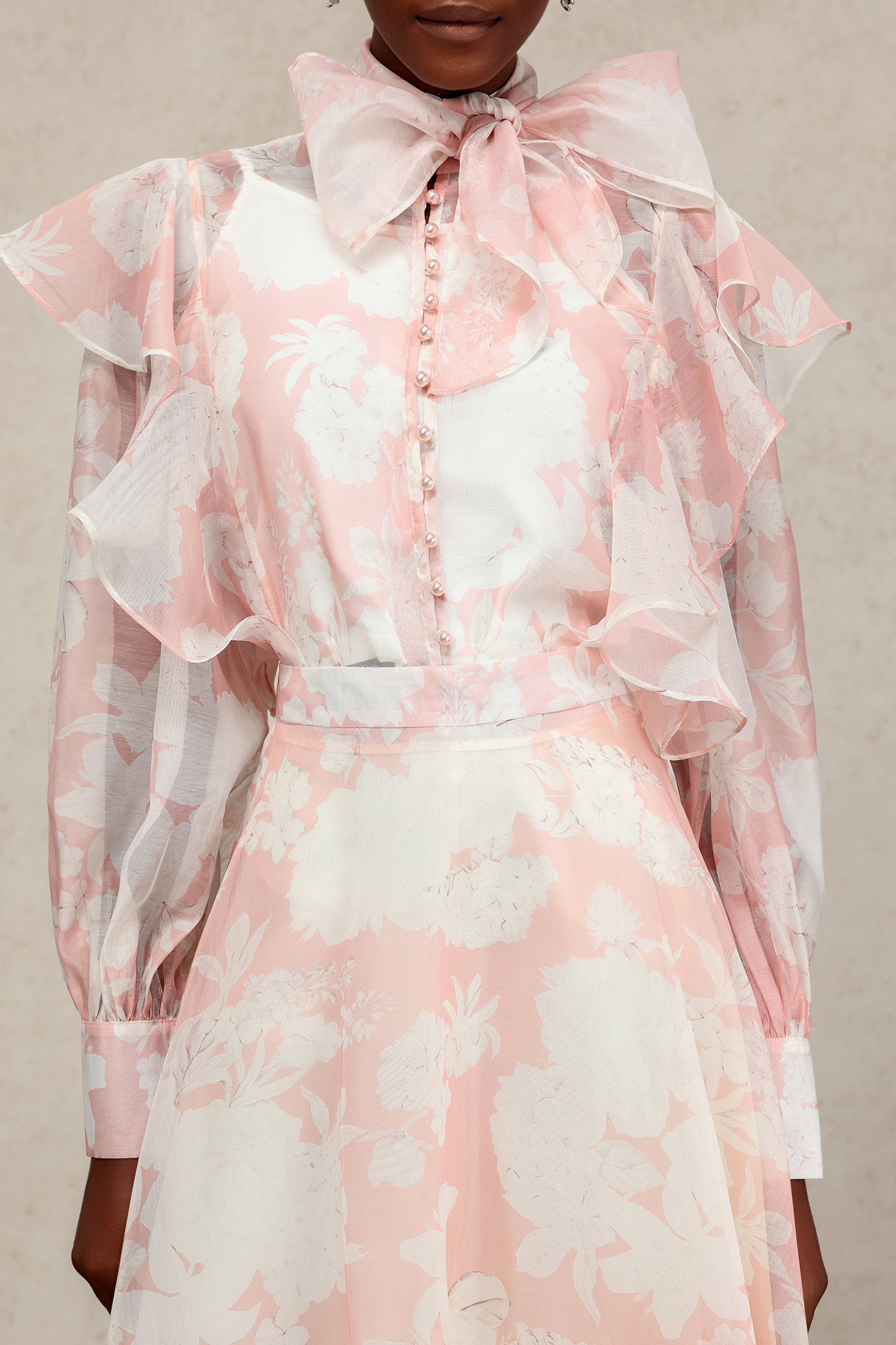 Soraya Long Sleeves Floral Printed Folds Top And Skirt Two-Piece Set