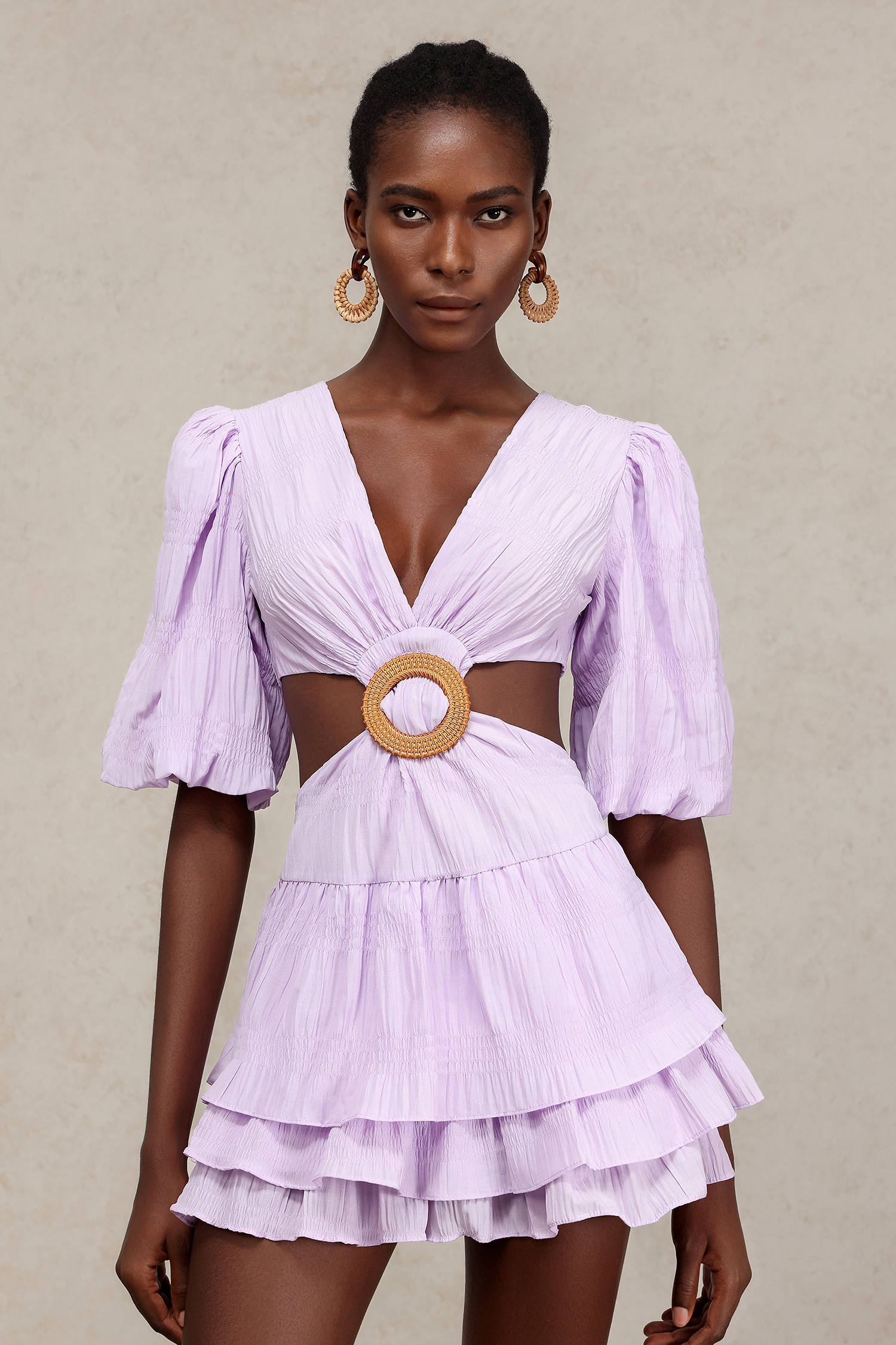 Gabriella V-Neck Puff Sleeves Hollow Out Layered Mini Dress