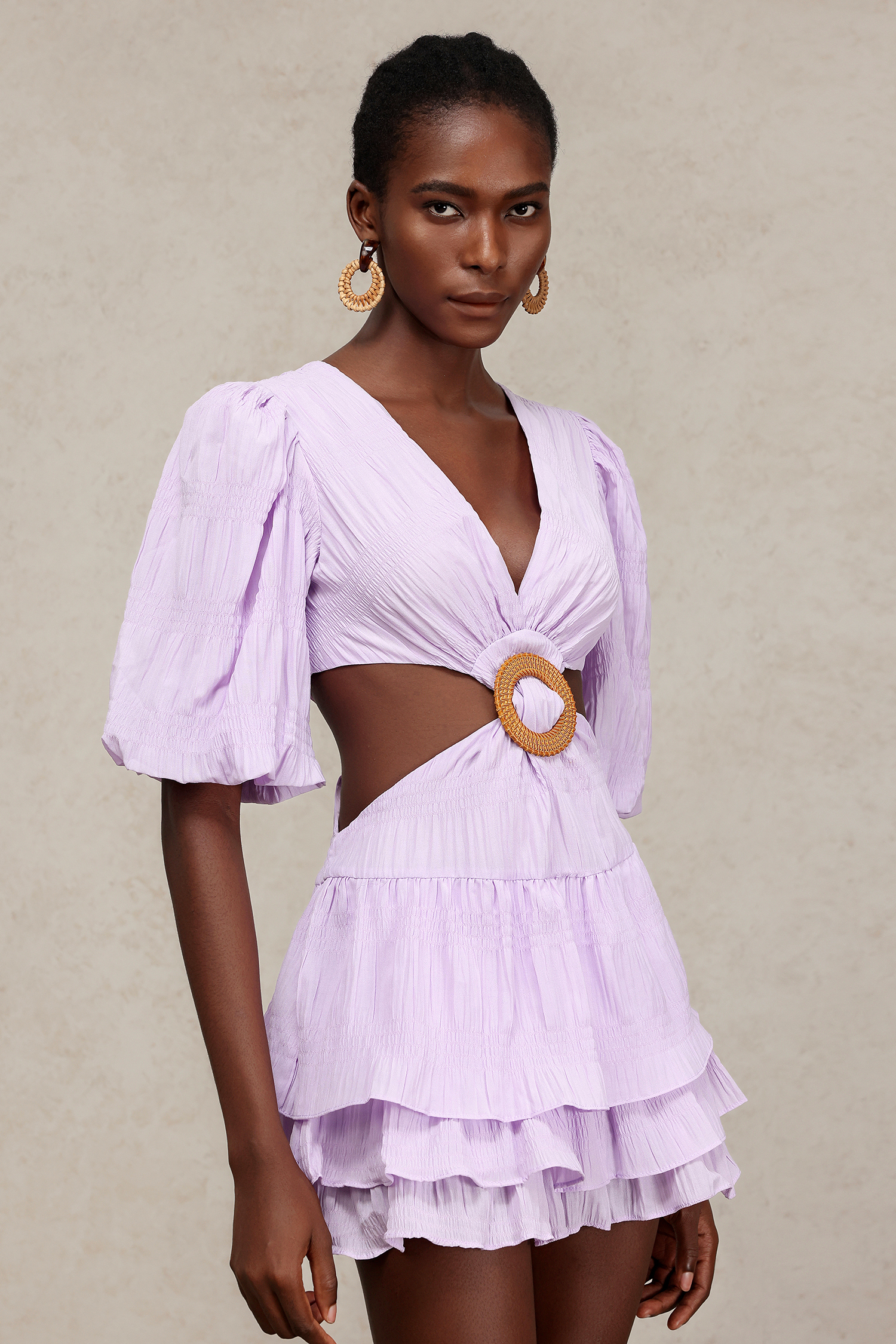 Gabriella V-Neck Puff Sleeves Hollow Out Layered Mini Dress