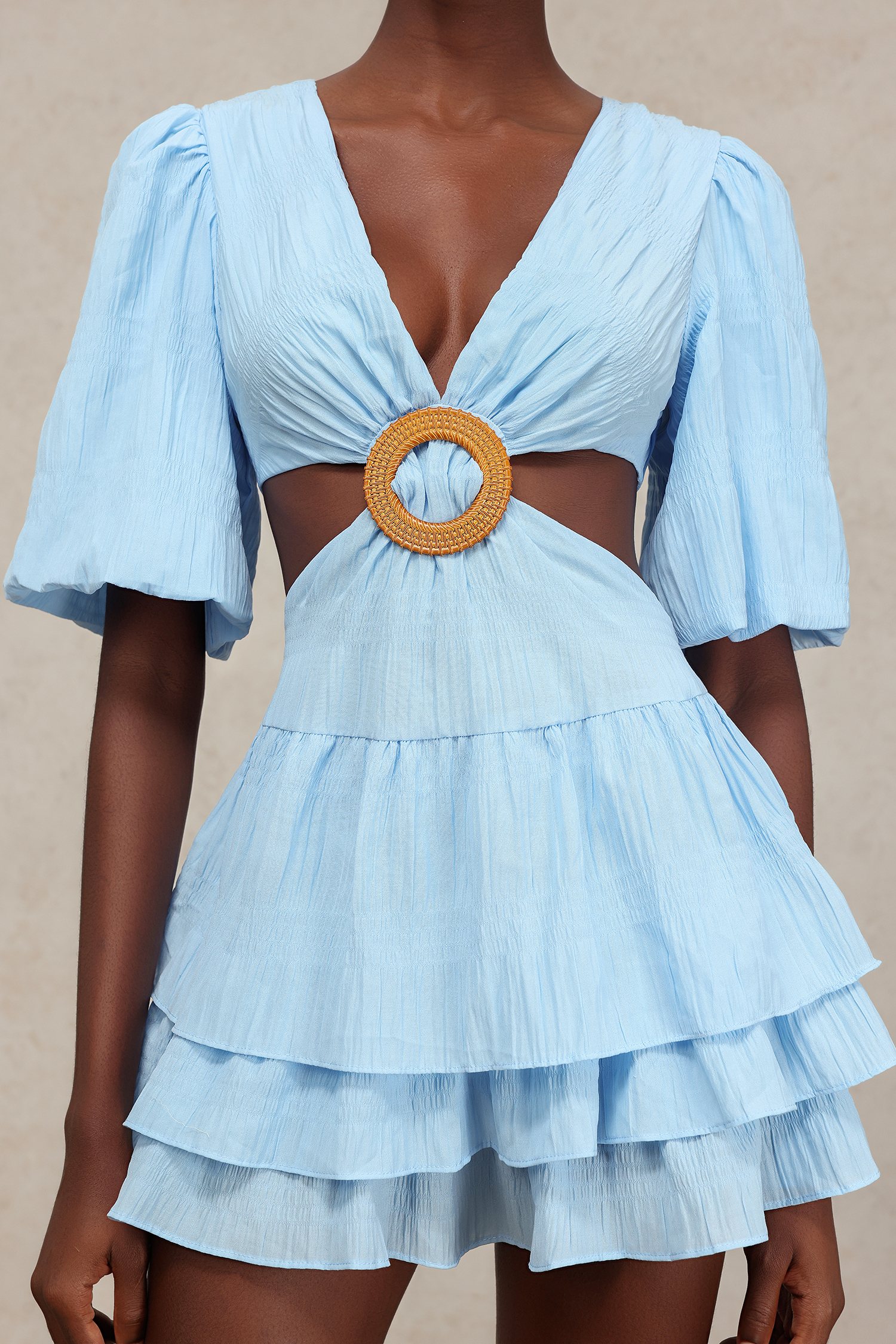 Uhren V-Neck Puff Sleeves Hollow Out Layered Mini Dress