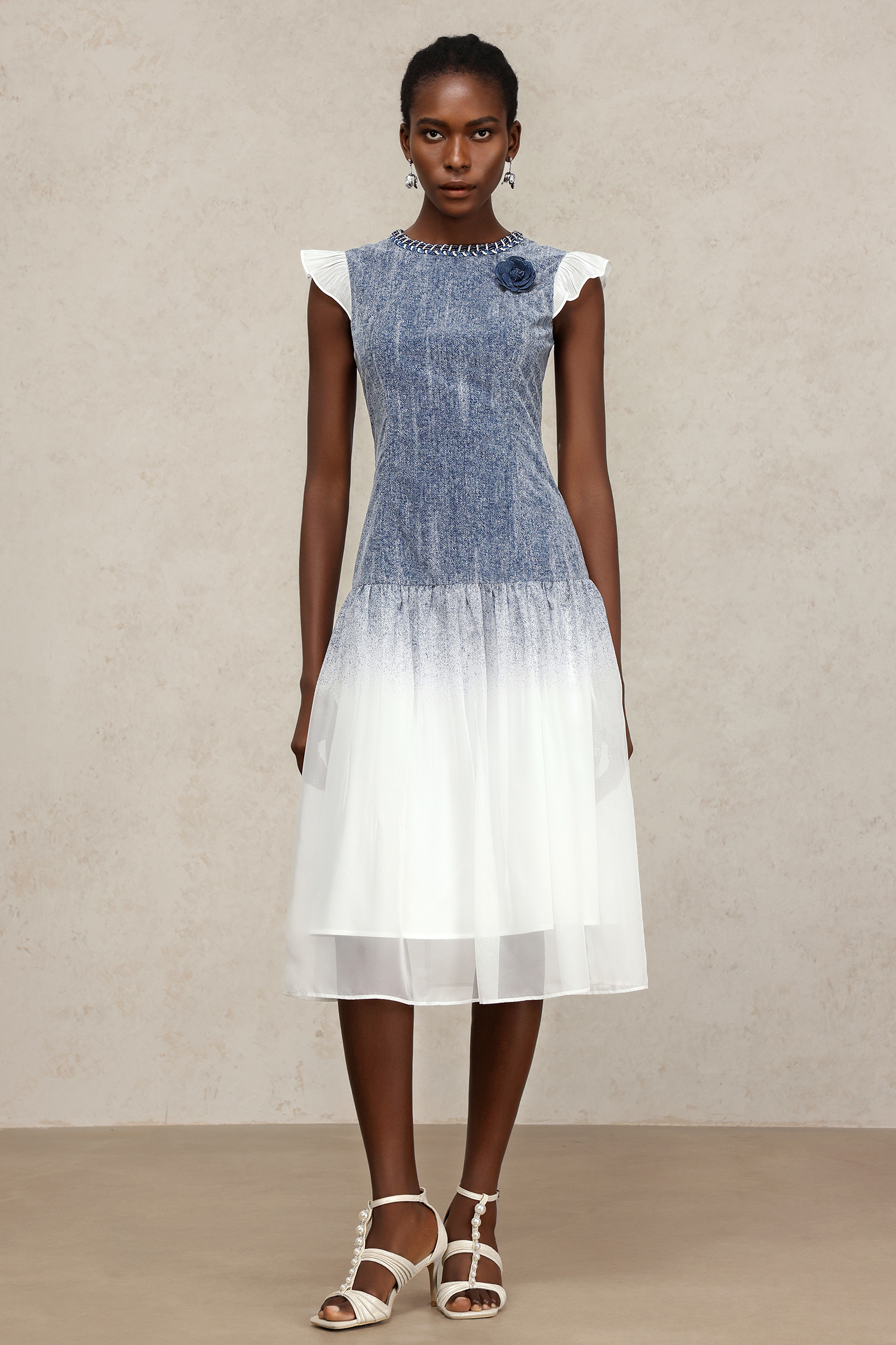 Hunter Round Neck Denim Printed Midi Dress