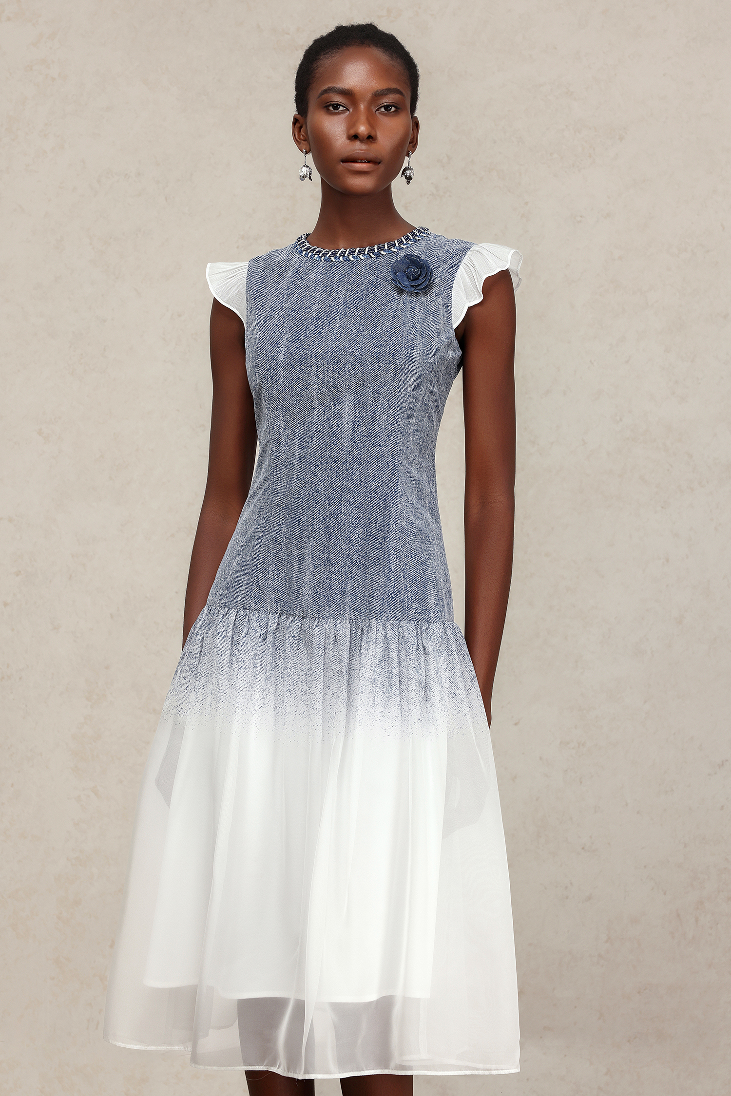 Hunter Round Neck Denim Printed Midi Dress