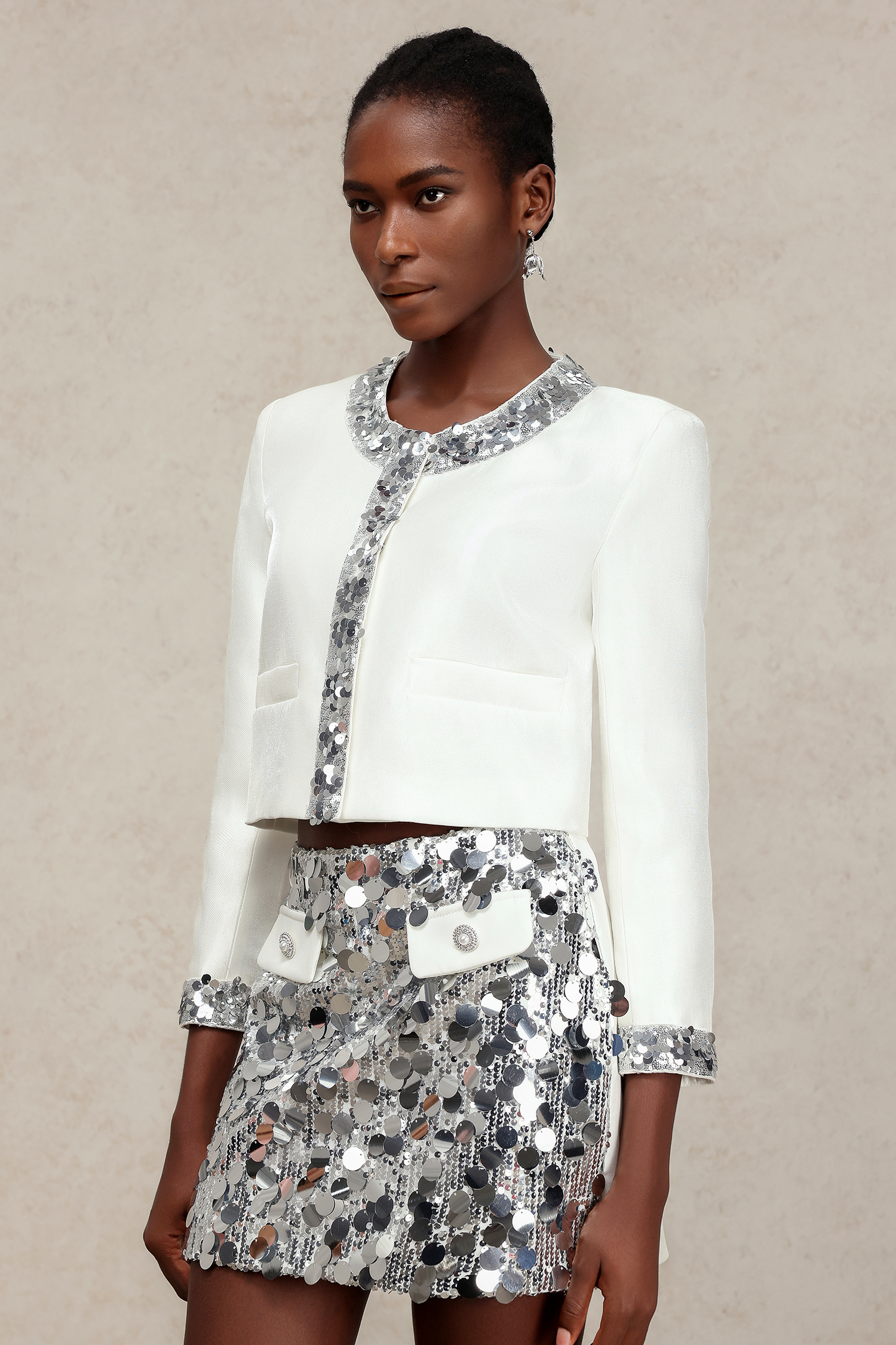 Nylah Round Neck Long Sleeves Sequin Top And Skirt Two-Piece Set