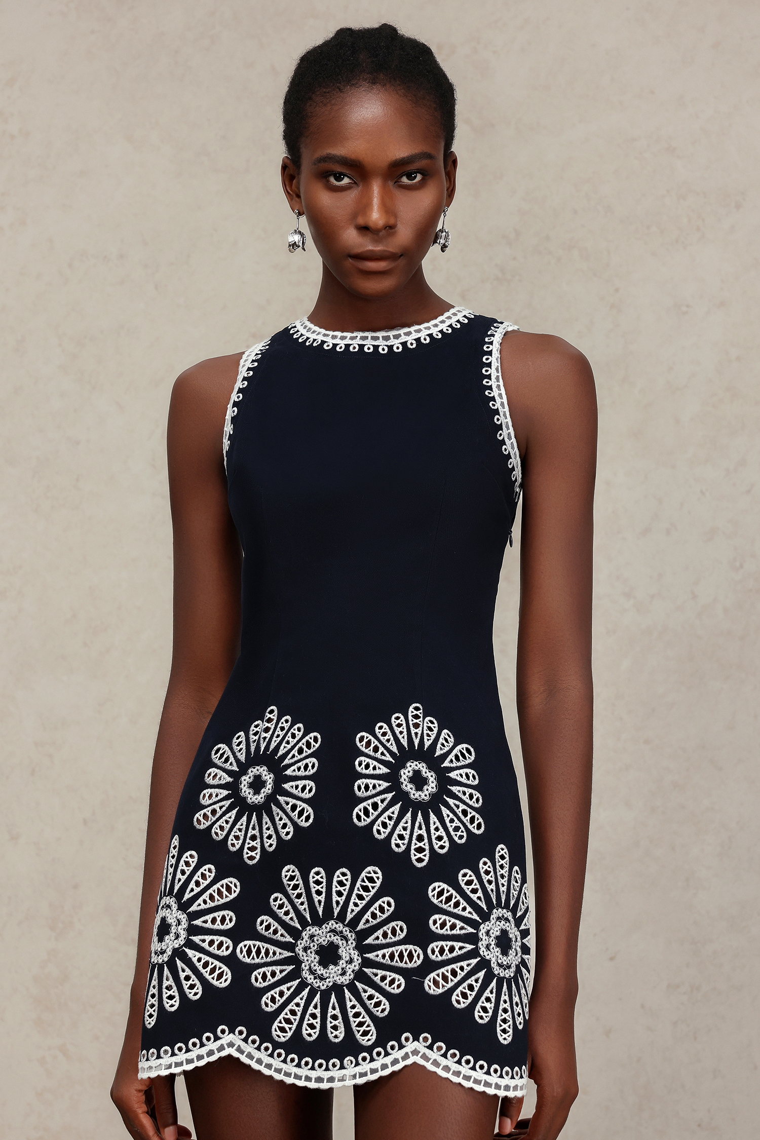 Lexy Round Neck Sleeveless Embroidery Flowers Mini Dress