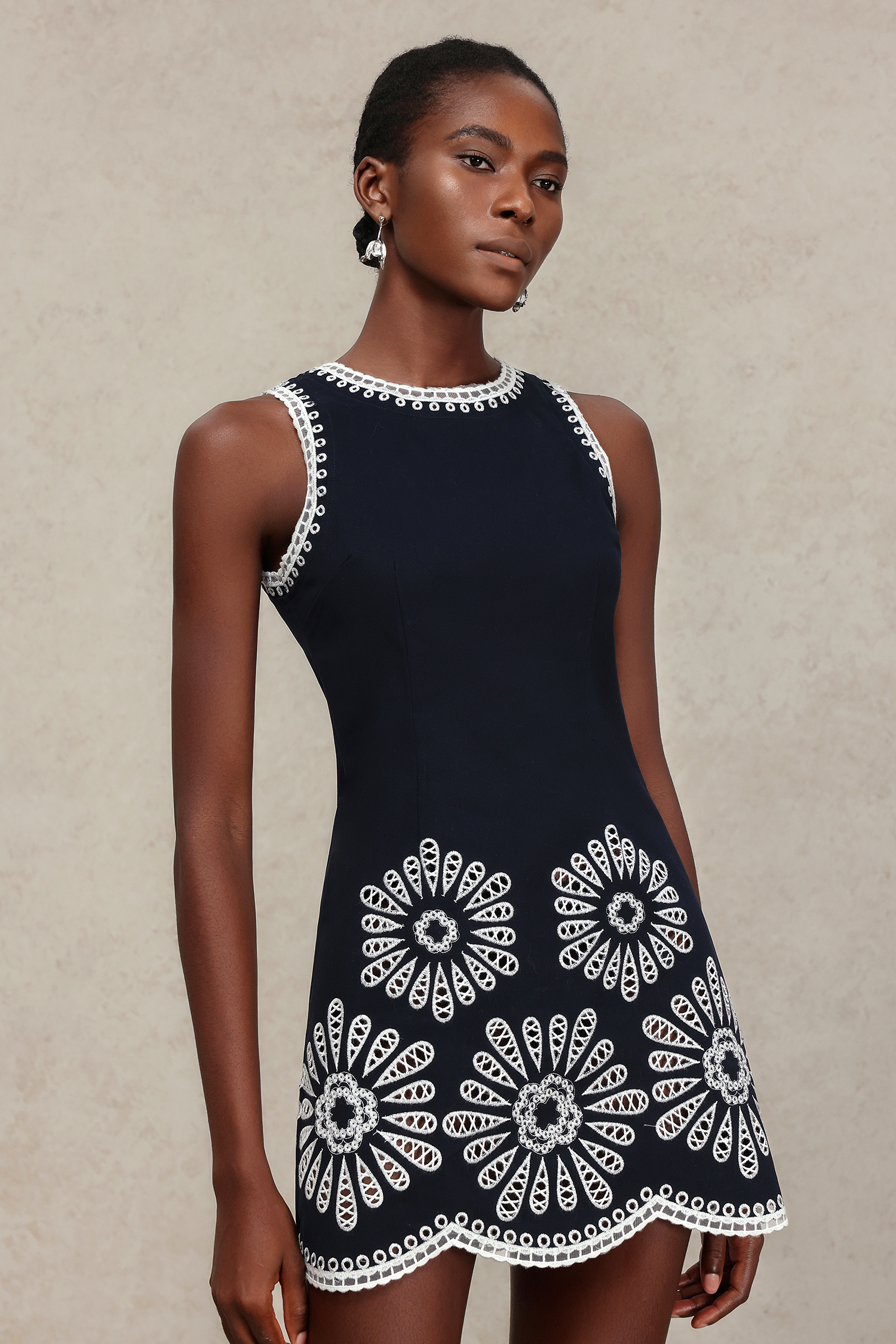 Lexy Round Neck Sleeveless Embroidery Flowers Mini Dress