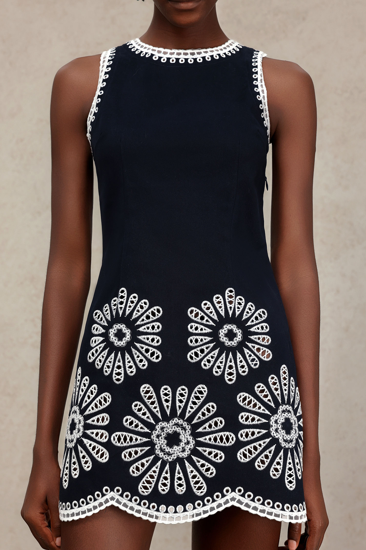 Lexy Round Neck Sleeveless Embroidery Flowers Mini Dress