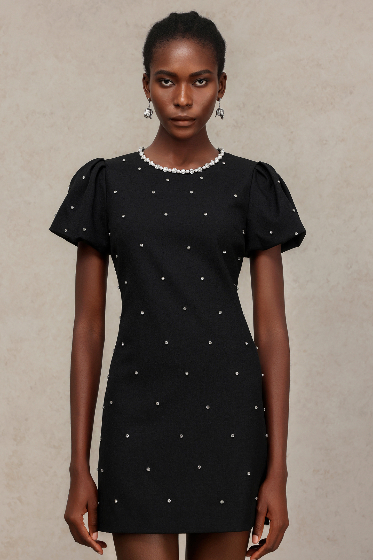 Halee Round Neck Short Sleeves Diamond Mini Dress