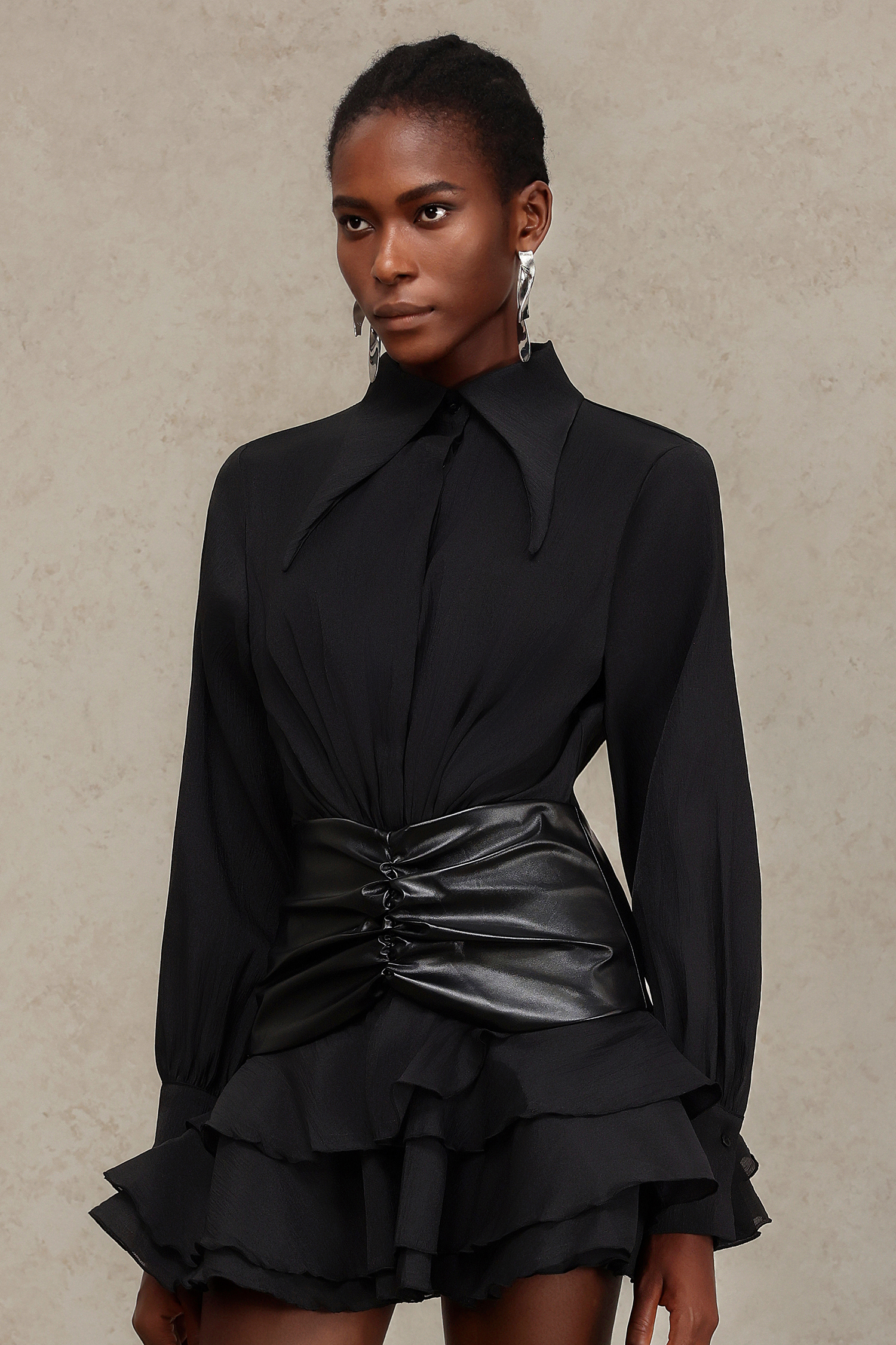 Kirara Folds Artificial Leather Long Sleeves Mini Dress