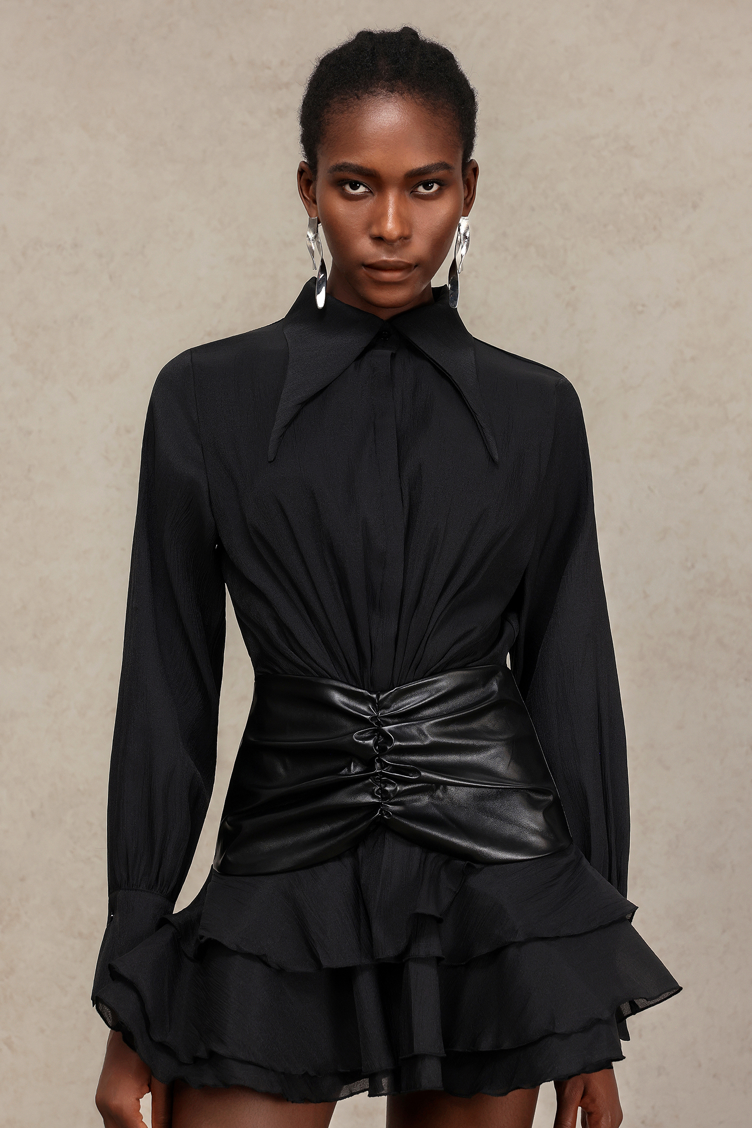 Kirara Folds Artificial Leather Long Sleeves Mini Dress