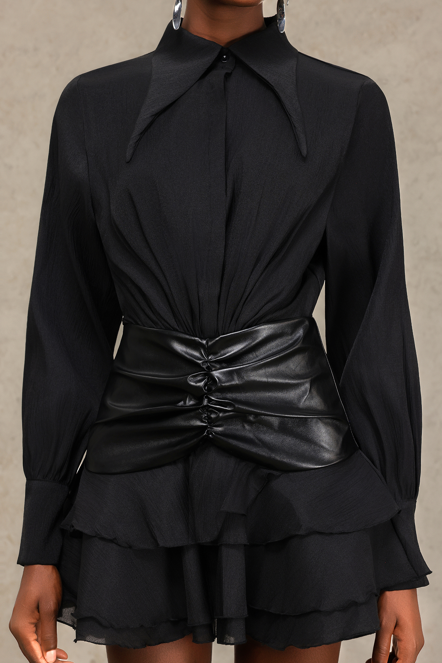 Kirara Folds Artificial Leather Long Sleeves Mini Dress