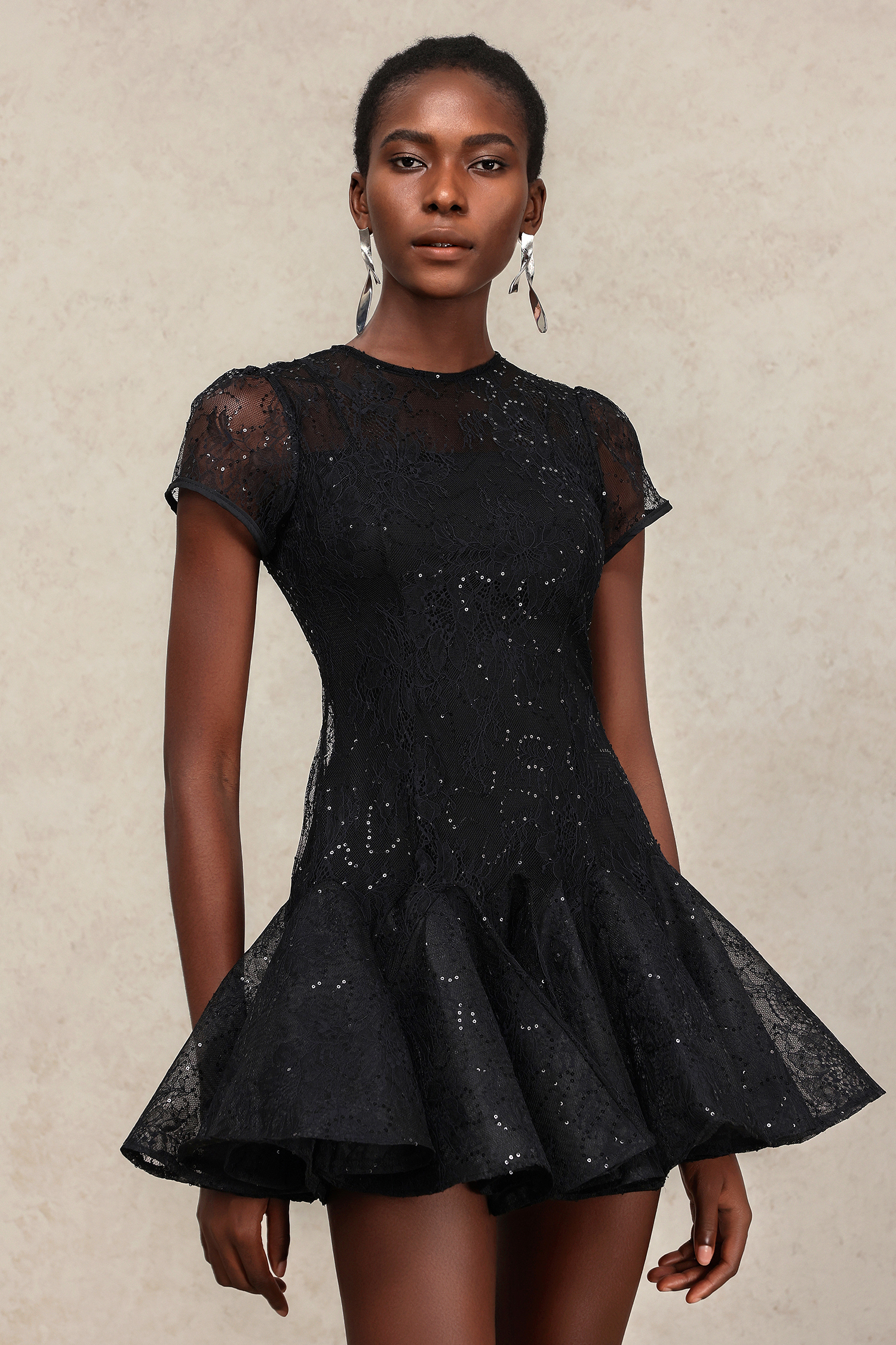 Yoland Short Sleeves Lace Flowers Mini Dress