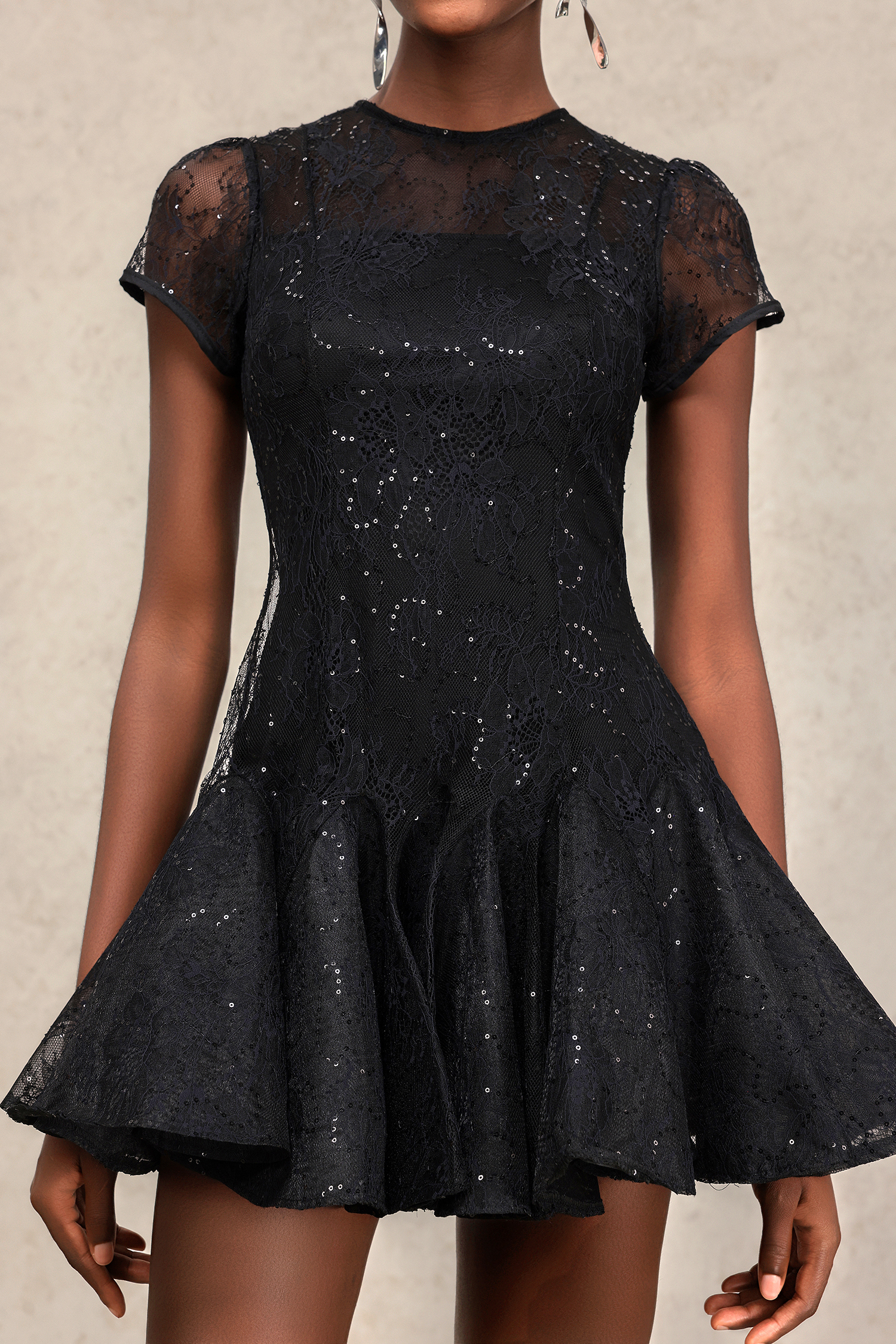 Yoland Short Sleeves Lace Flowers Mini Dress