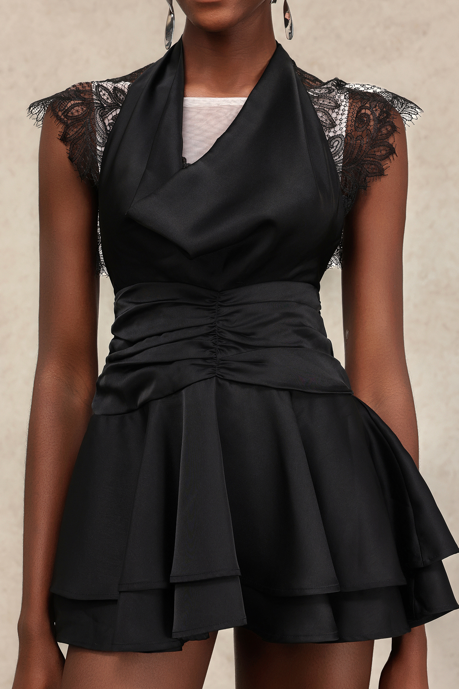 Waza V-Neck Folds Sleeveless Lace Mini Dress