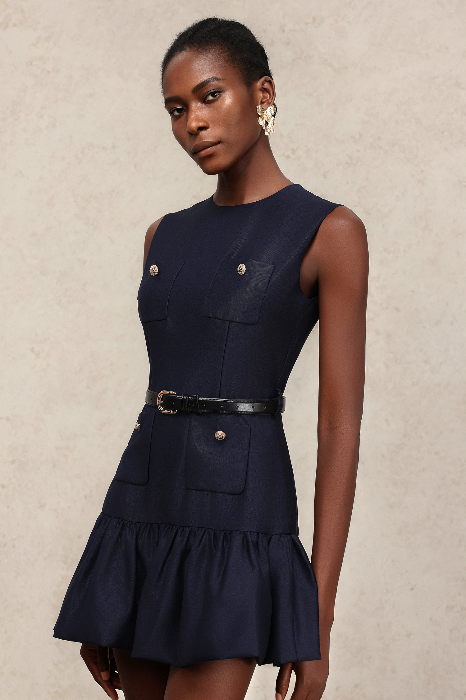 Viki Round Neck Folds Sleeveless Mini Dress