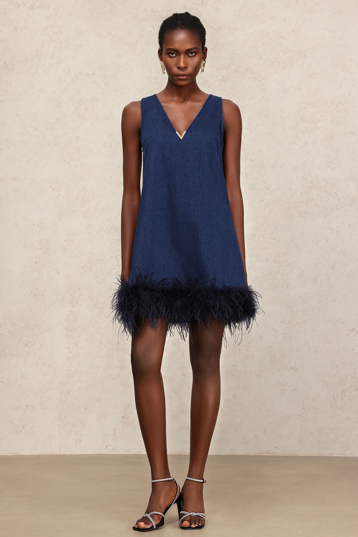 Lexi V-Neck Sleeveless Feather Denim Mini Dress