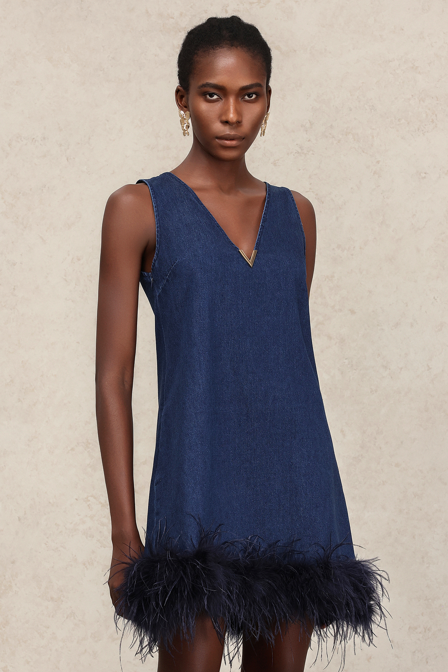 Lexi V-Neck Sleeveless Feather Denim Mini Dress