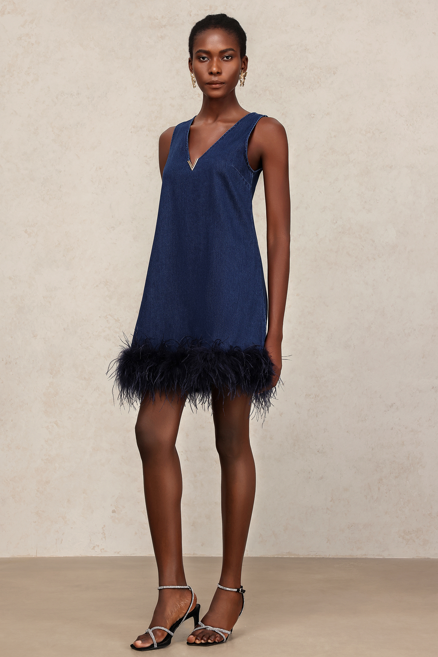 Lexi V-Neck Sleeveless Feather Denim Mini Dress