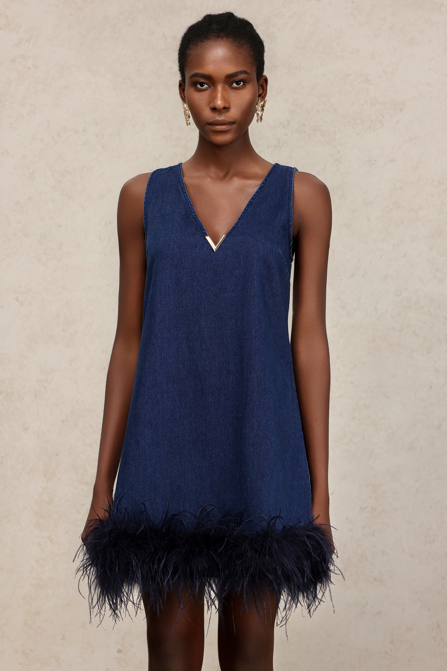 Lexi V-Neck Sleeveless Feather Denim Mini Dress