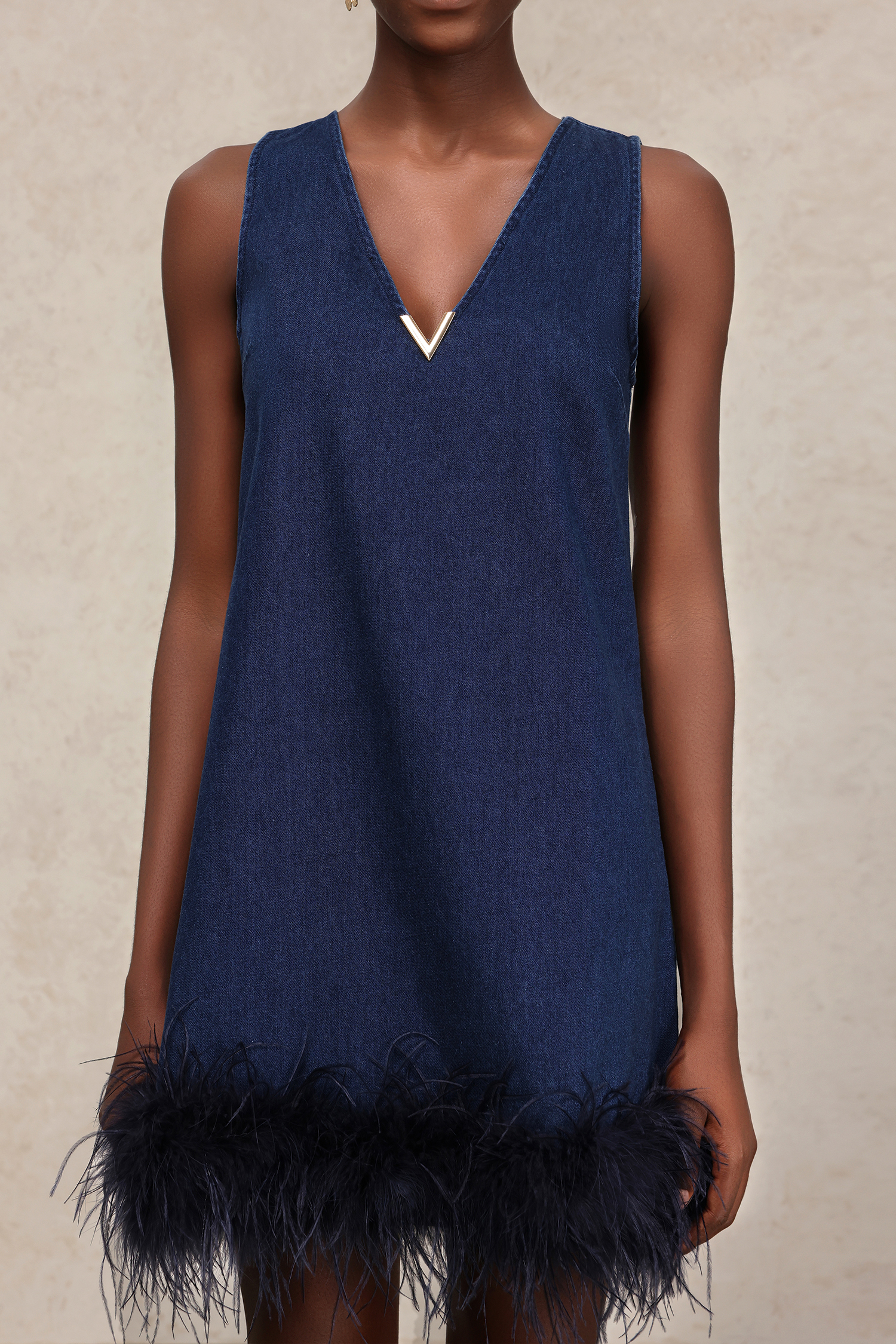 Lexi V-Neck Sleeveless Feather Denim Mini Dress