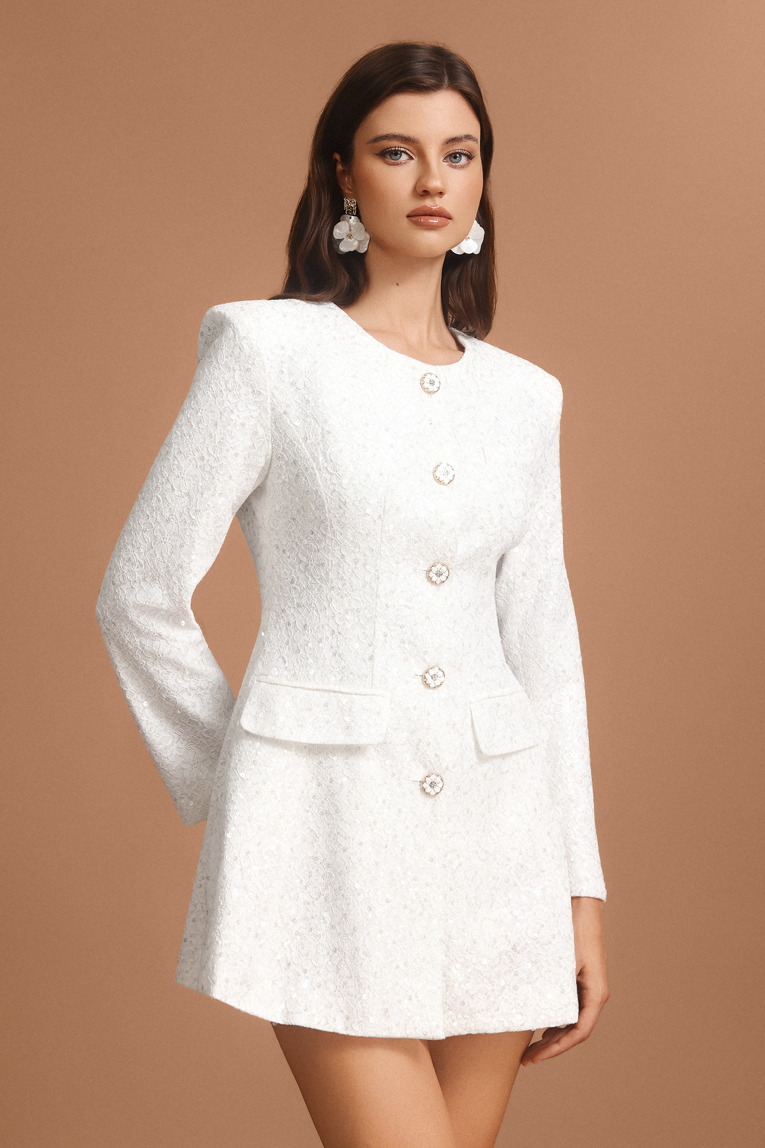 Ymire Round Neck Long Sleeves Sequin Suit Mini Dress