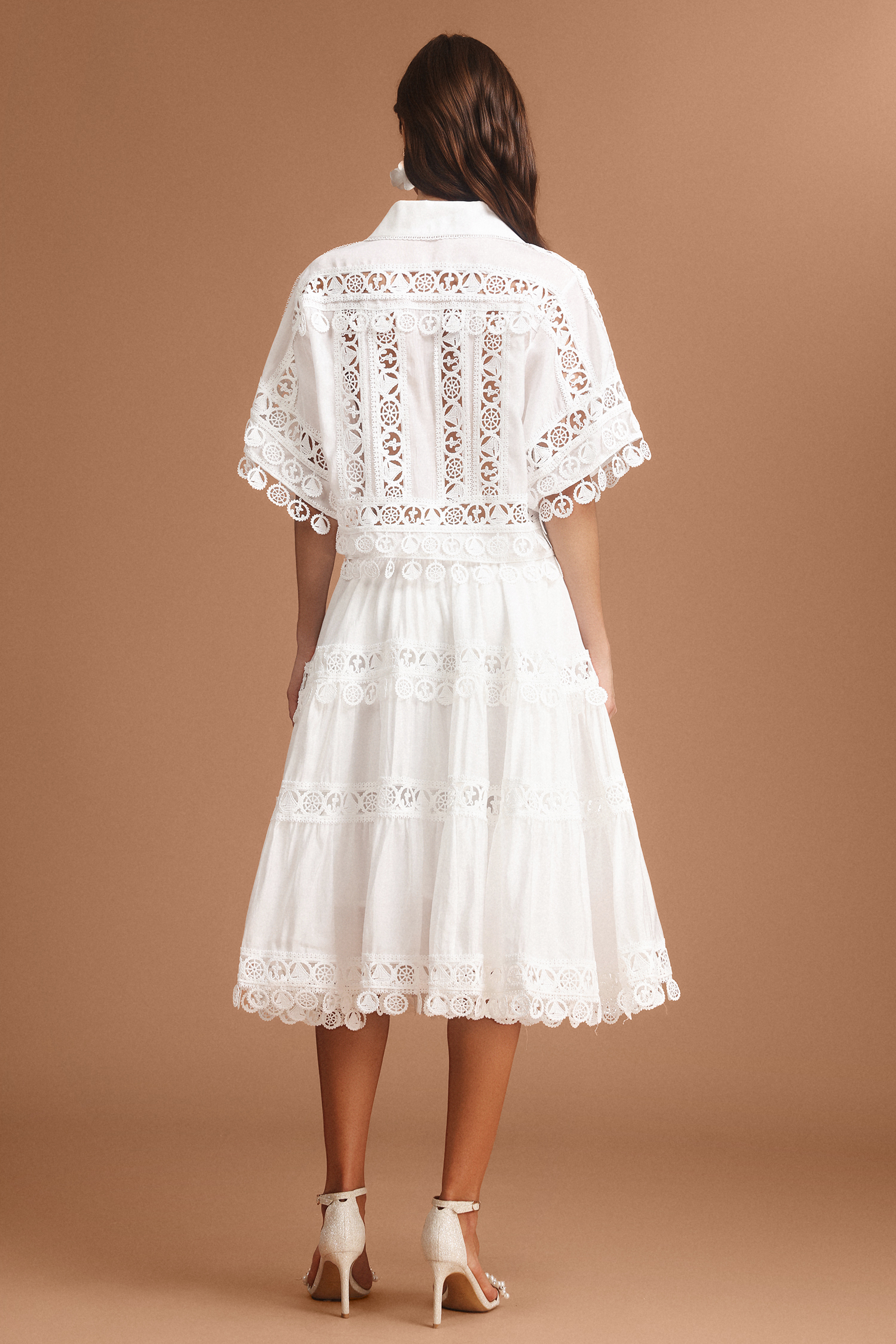 Olapa Lapel Embroidery Lace Top And Skirt Two-Piece Set