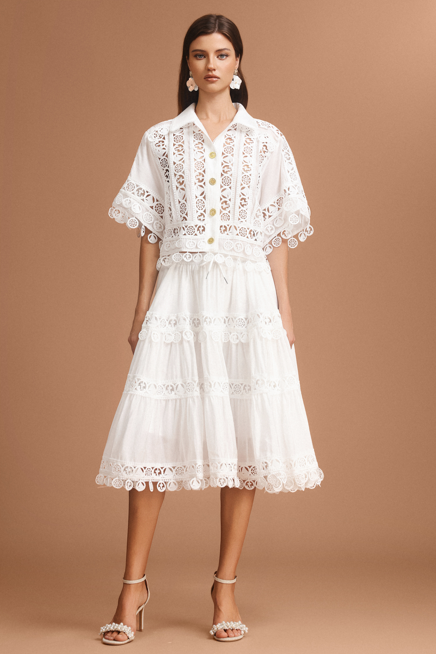 Olapa Lapel Embroidery Lace Top And Skirt Two-Piece Set