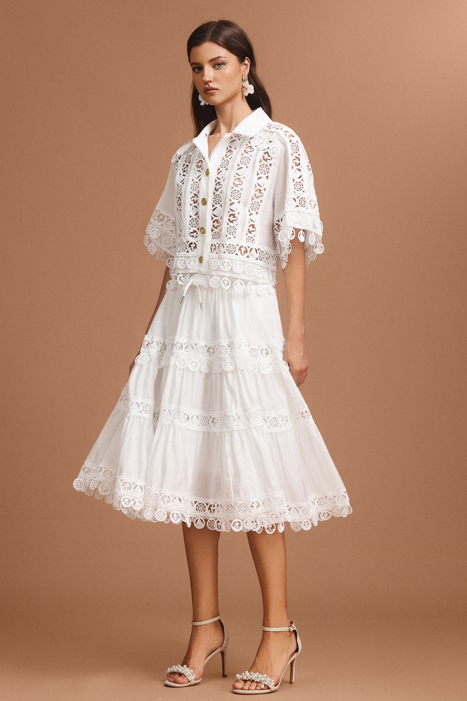 Olapa Lapel Embroidery Lace Top And Skirt Two-Piece Set