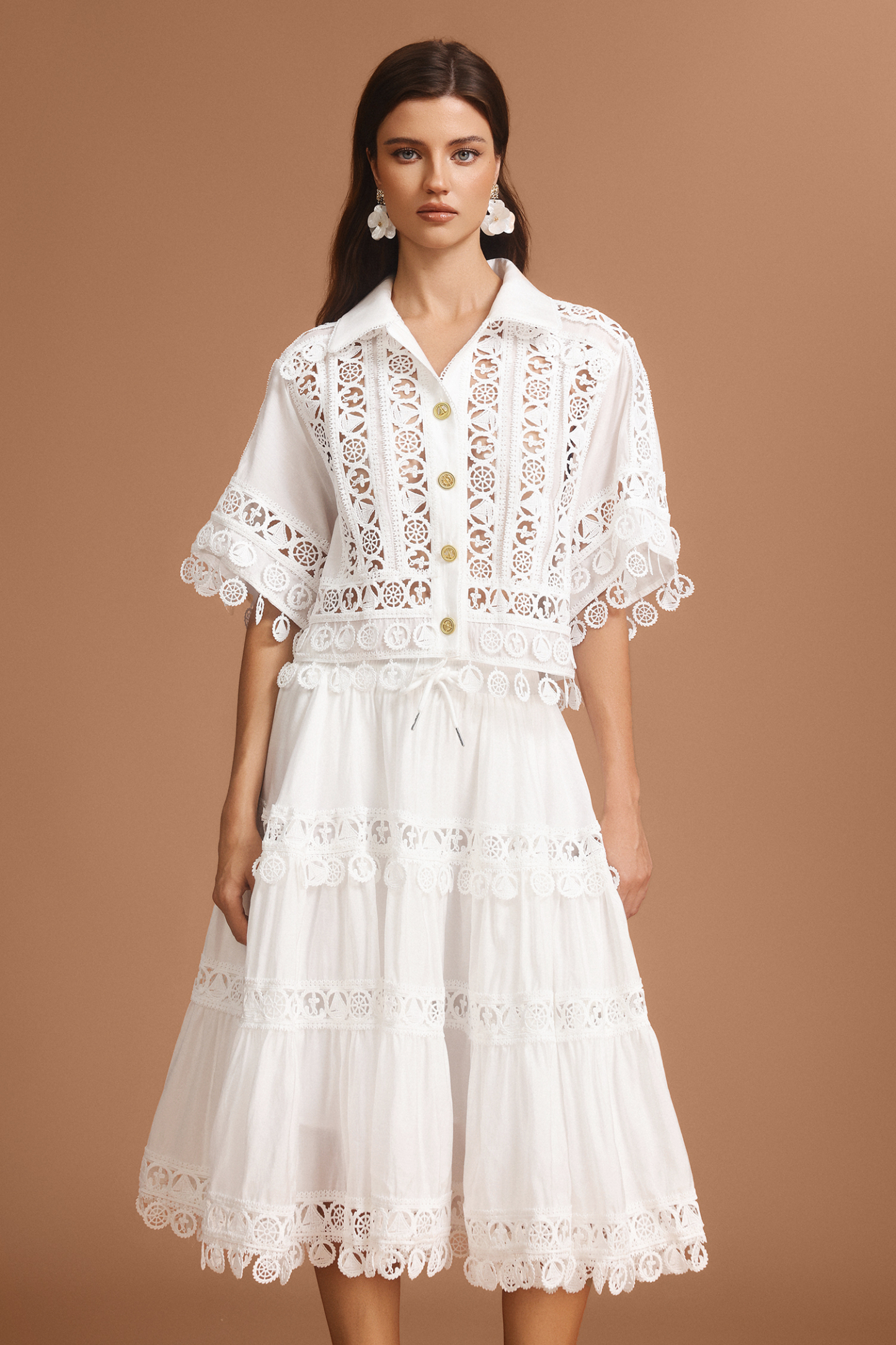 Olapa Lapel Embroidery Lace Top And Skirt Two-Piece Set