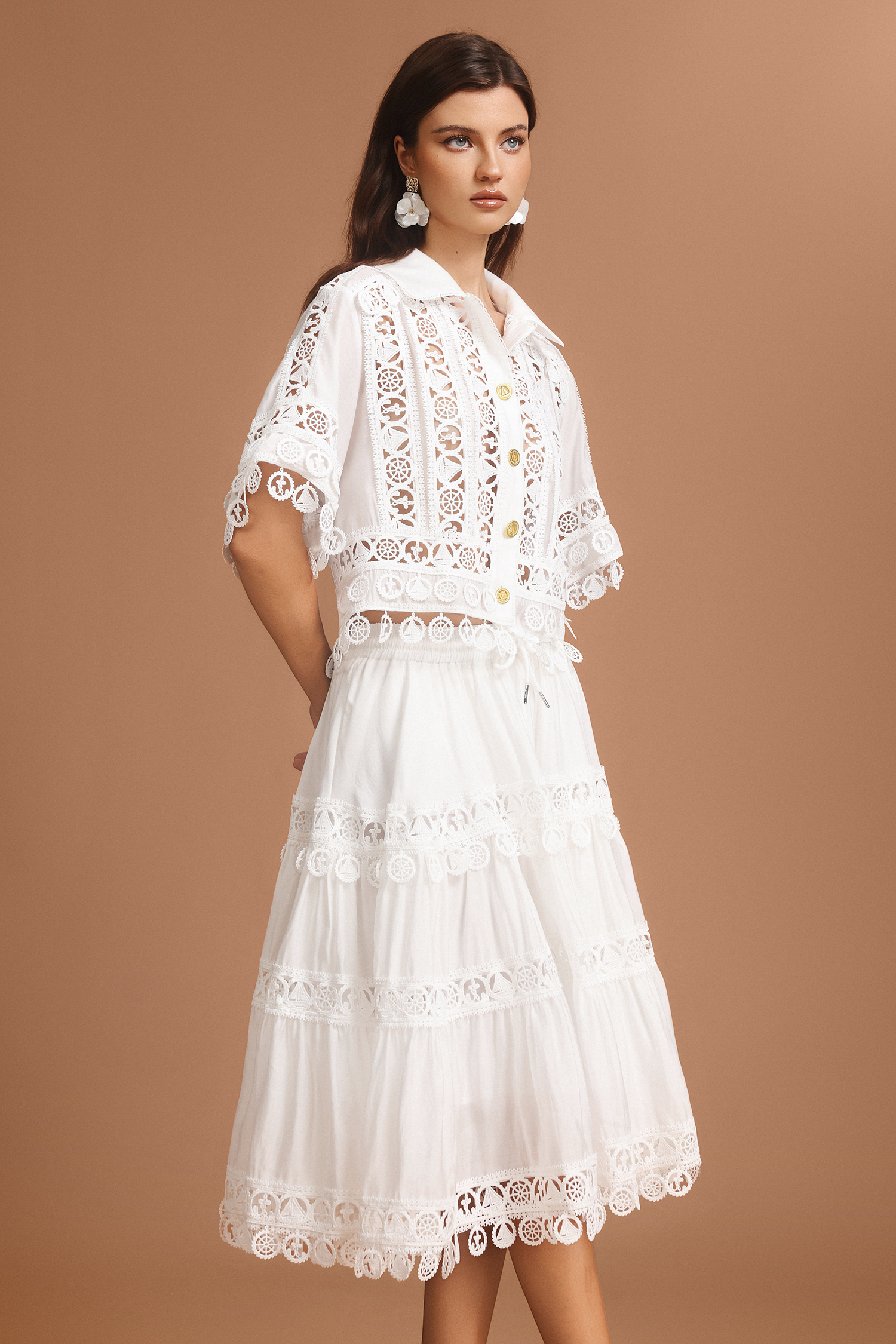 Olapa Lapel Embroidery Lace Top And Skirt Two-Piece Set