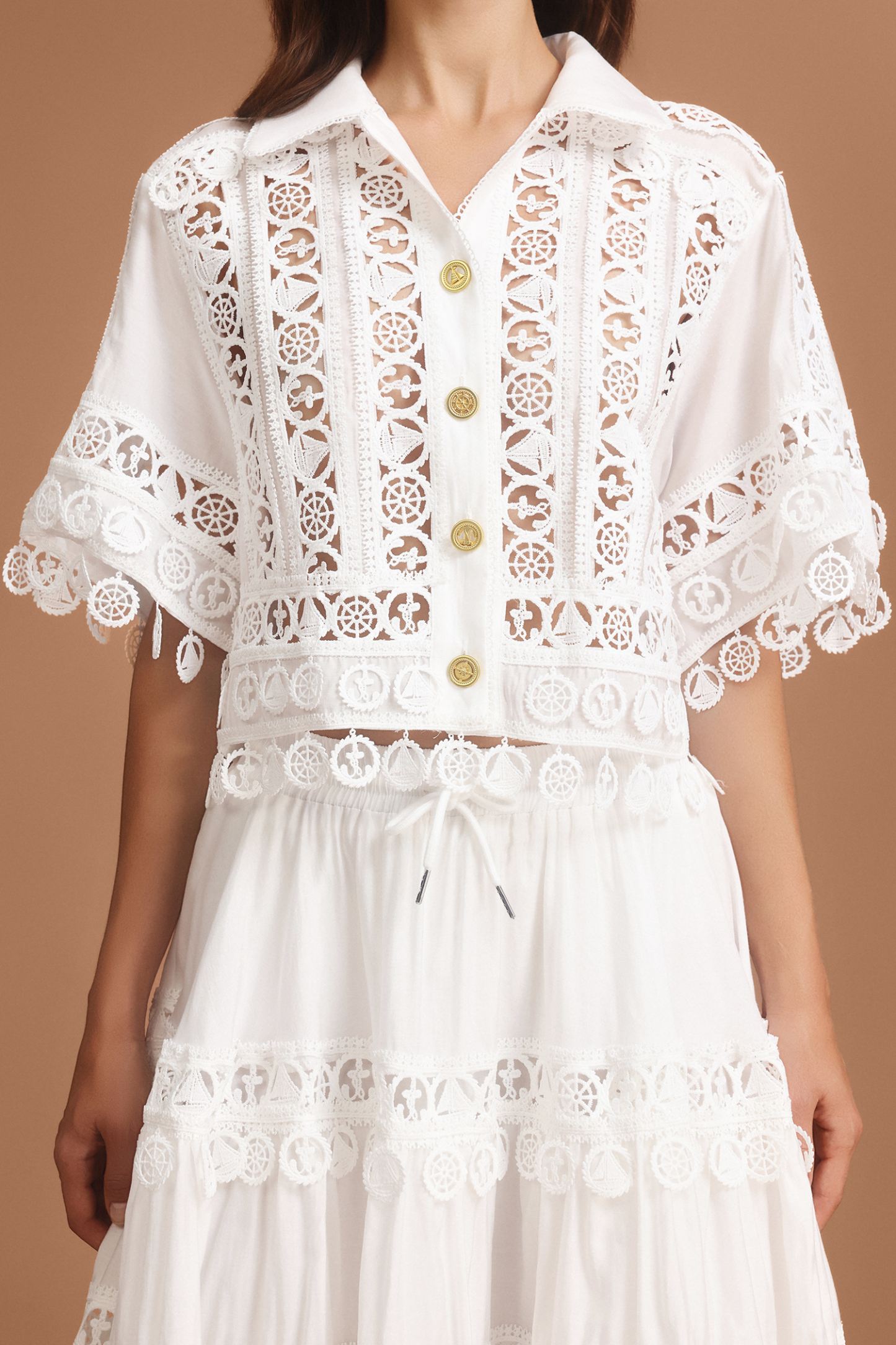 Olapa Lapel Embroidery Lace Top And Skirt Two-Piece Set