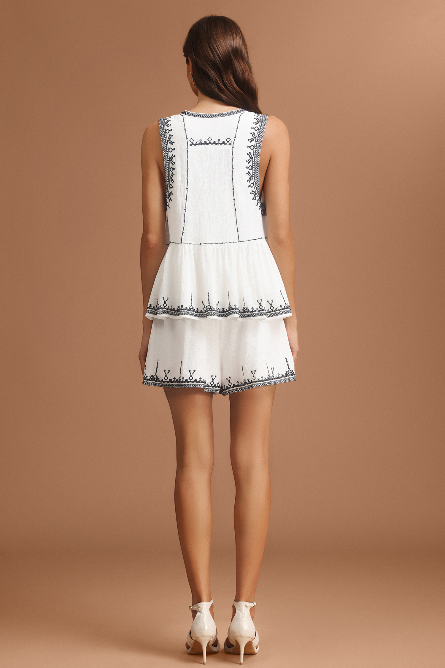 Fanny Round Neck Sleeveless Embroidery Top And Shorts Two-Piece Set