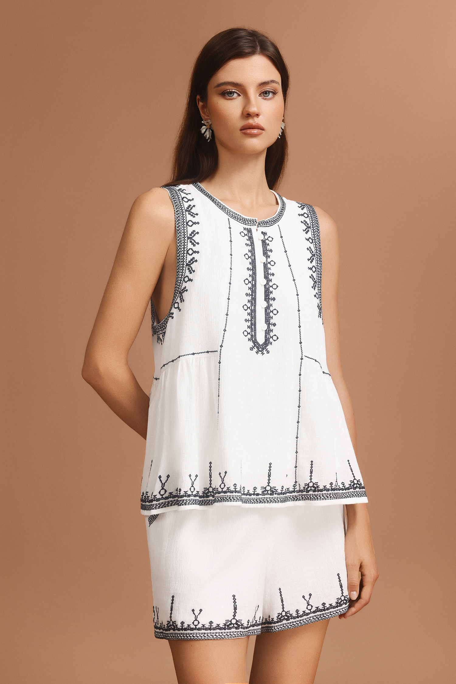 Fanny Round Neck Sleeveless Embroidery Top And Shorts Two-Piece Set