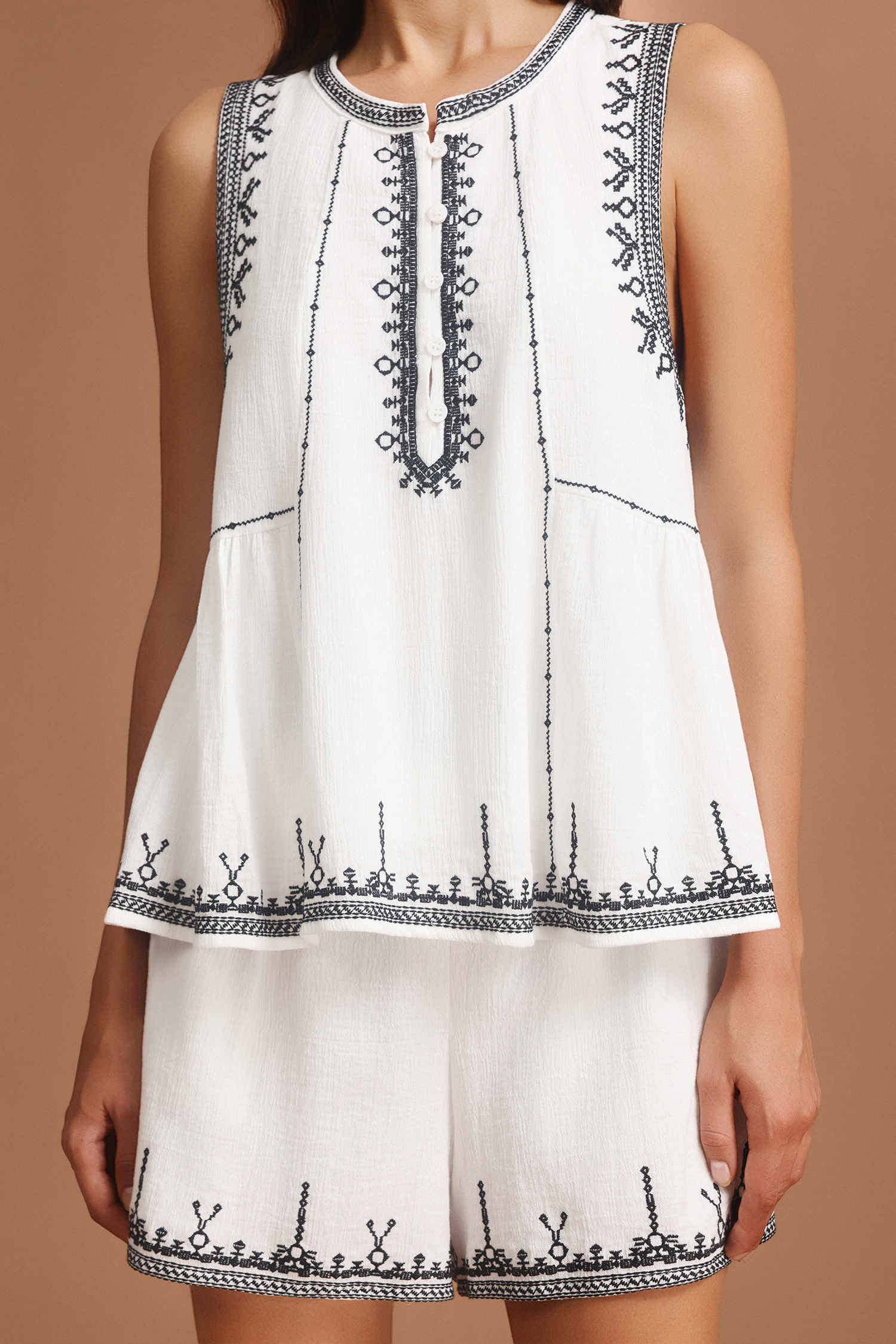 Fanny Round Neck Sleeveless Embroidery Top And Shorts Two-Piece Set