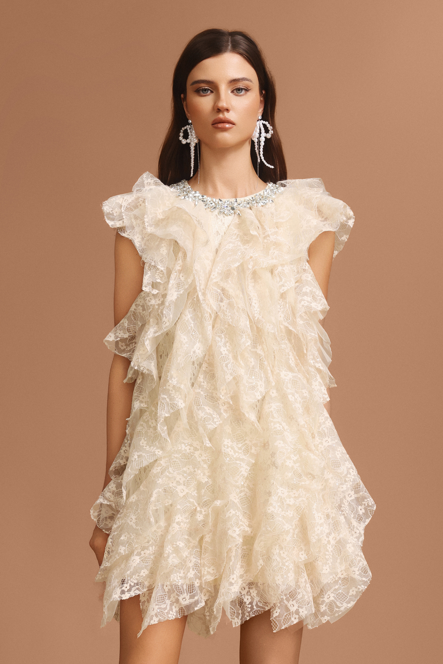 Waner Round Neck Diamond Sleeveless Folds Mini Dress