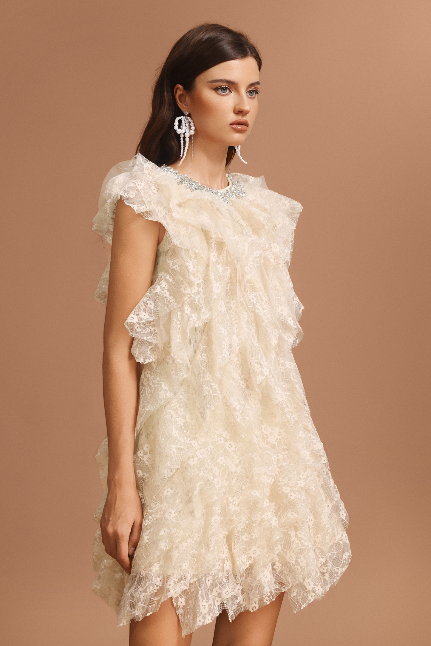 Waner Round Neck Diamond Sleeveless Folds Mini Dress