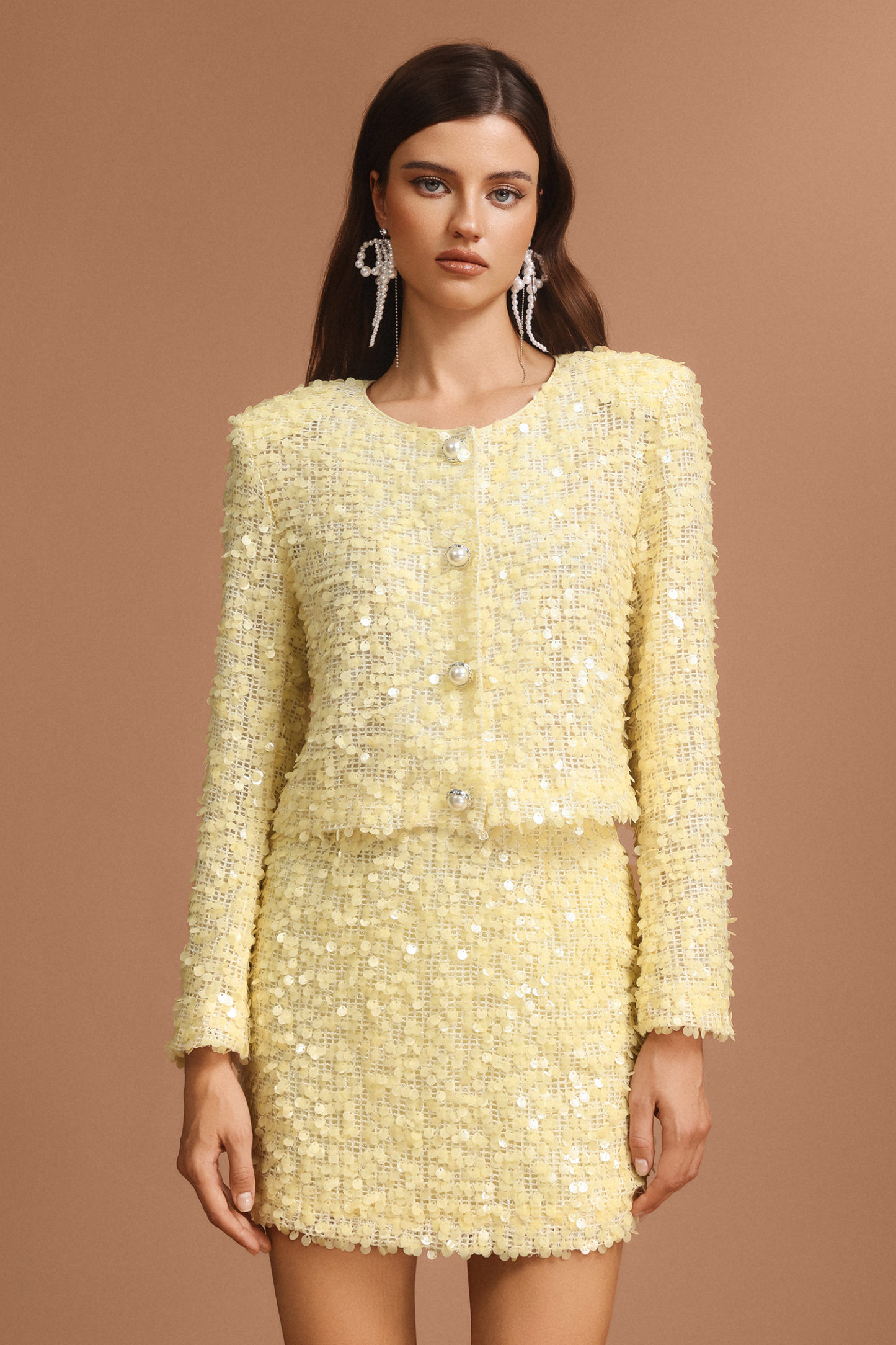 Gloria Round Neck Long Sleeves Sequin Top And Skirt Two-Piece Set