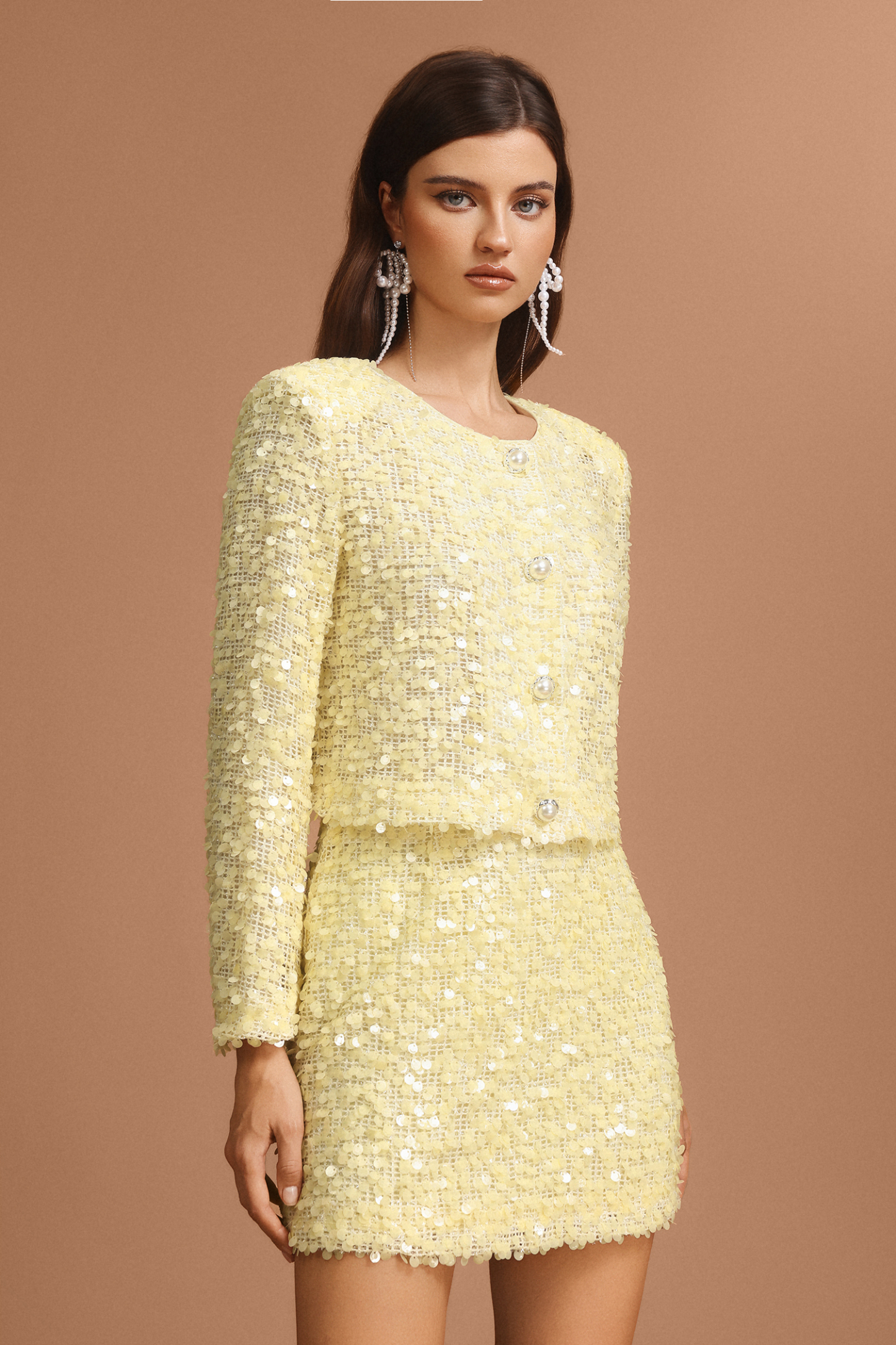 Gloria Round Neck Long Sleeves Sequin Top And Skirt Two-Piece Set