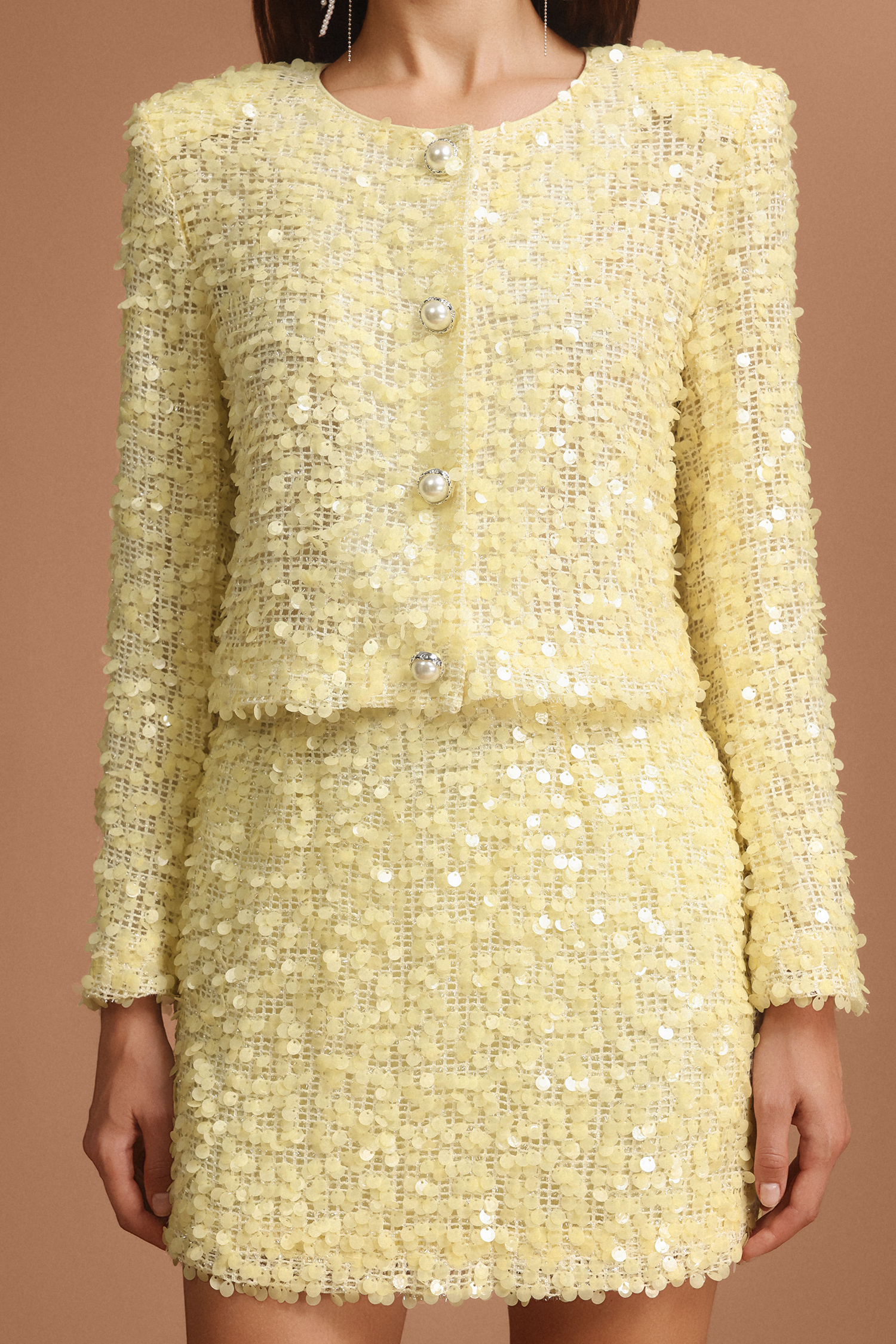 Gloria Round Neck Long Sleeves Sequin Top And Skirt Two-Piece Set