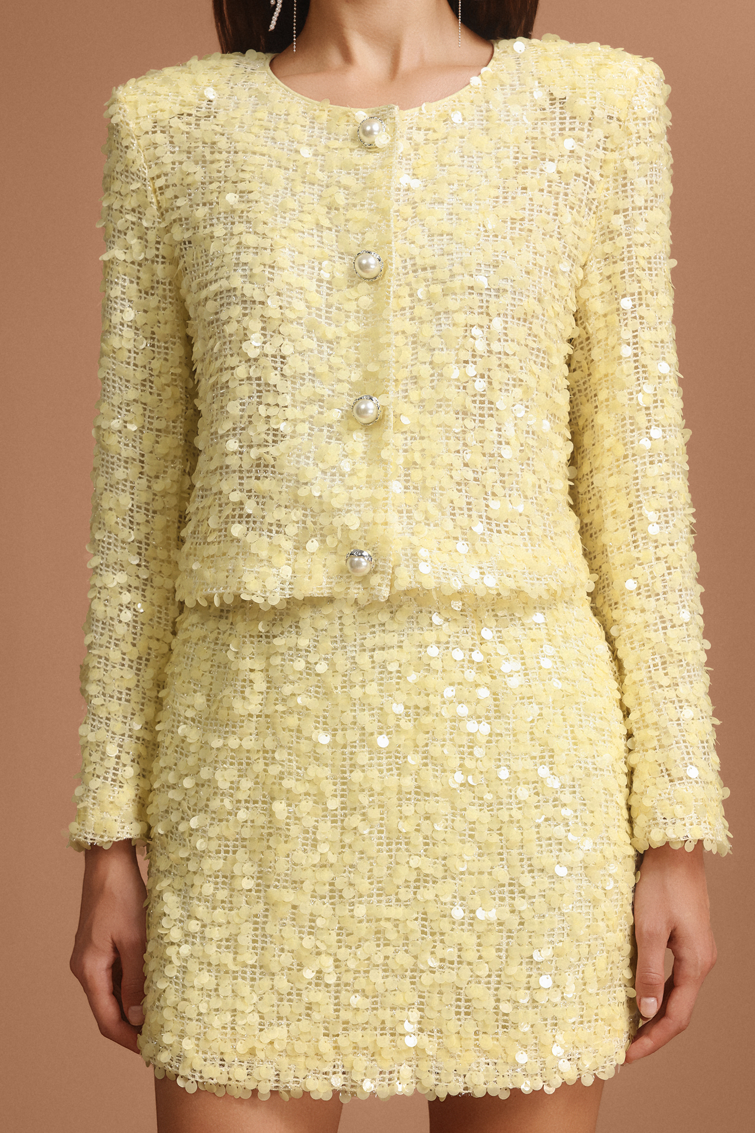 Gloria Round Neck Long Sleeves Sequin Top And Skirt Two-Piece Set