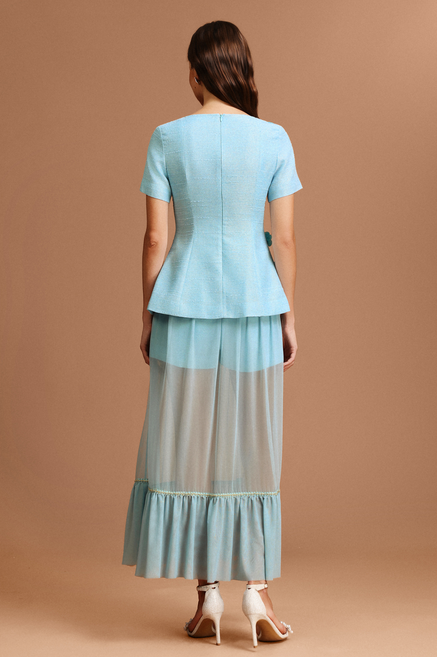 Linnaea Short Sleeves Flowers Folds Top And Skirt Two-Piece Set