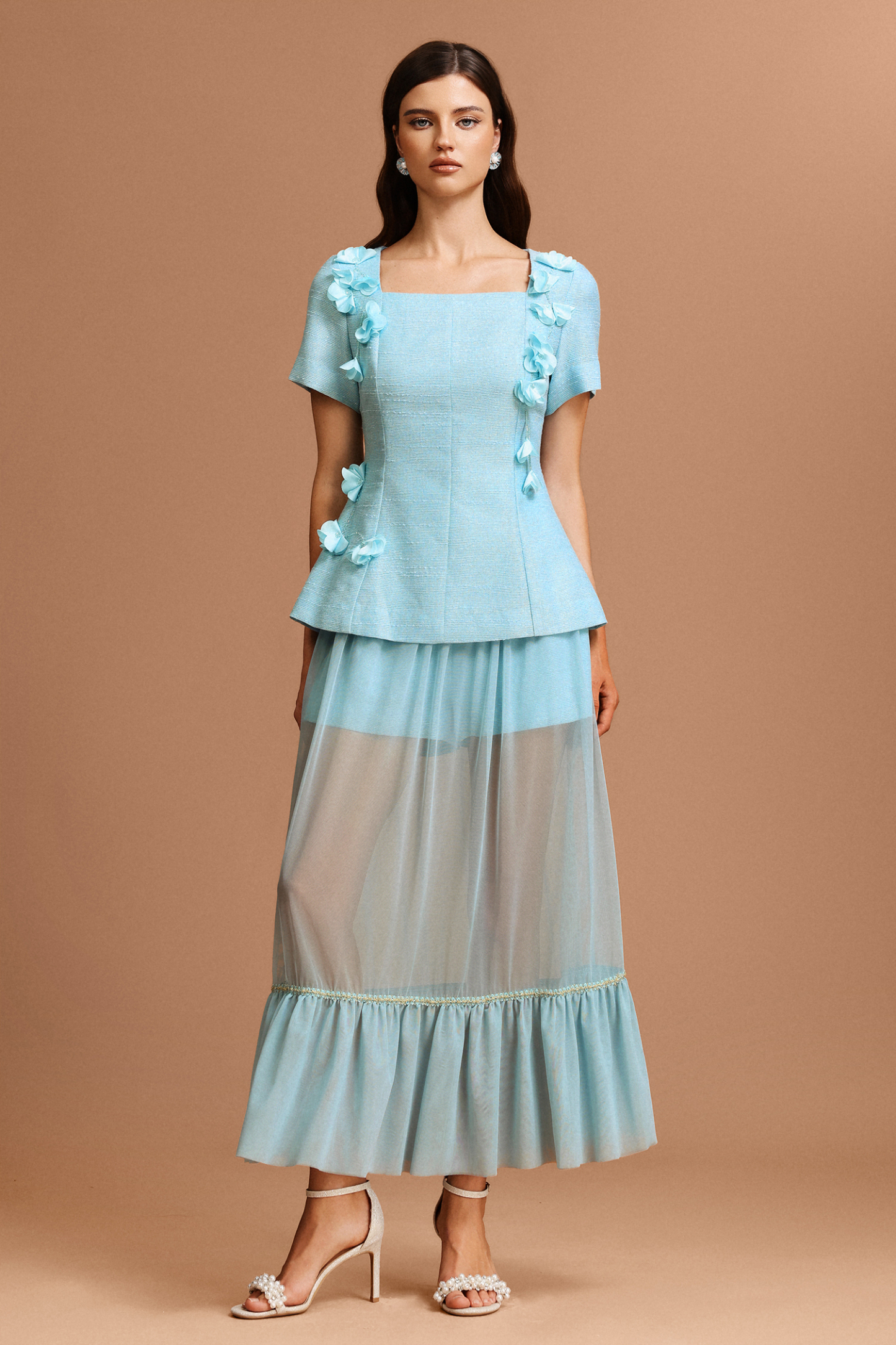 Linnaea Short Sleeves Flowers Folds Top And Skirt Two-Piece Set