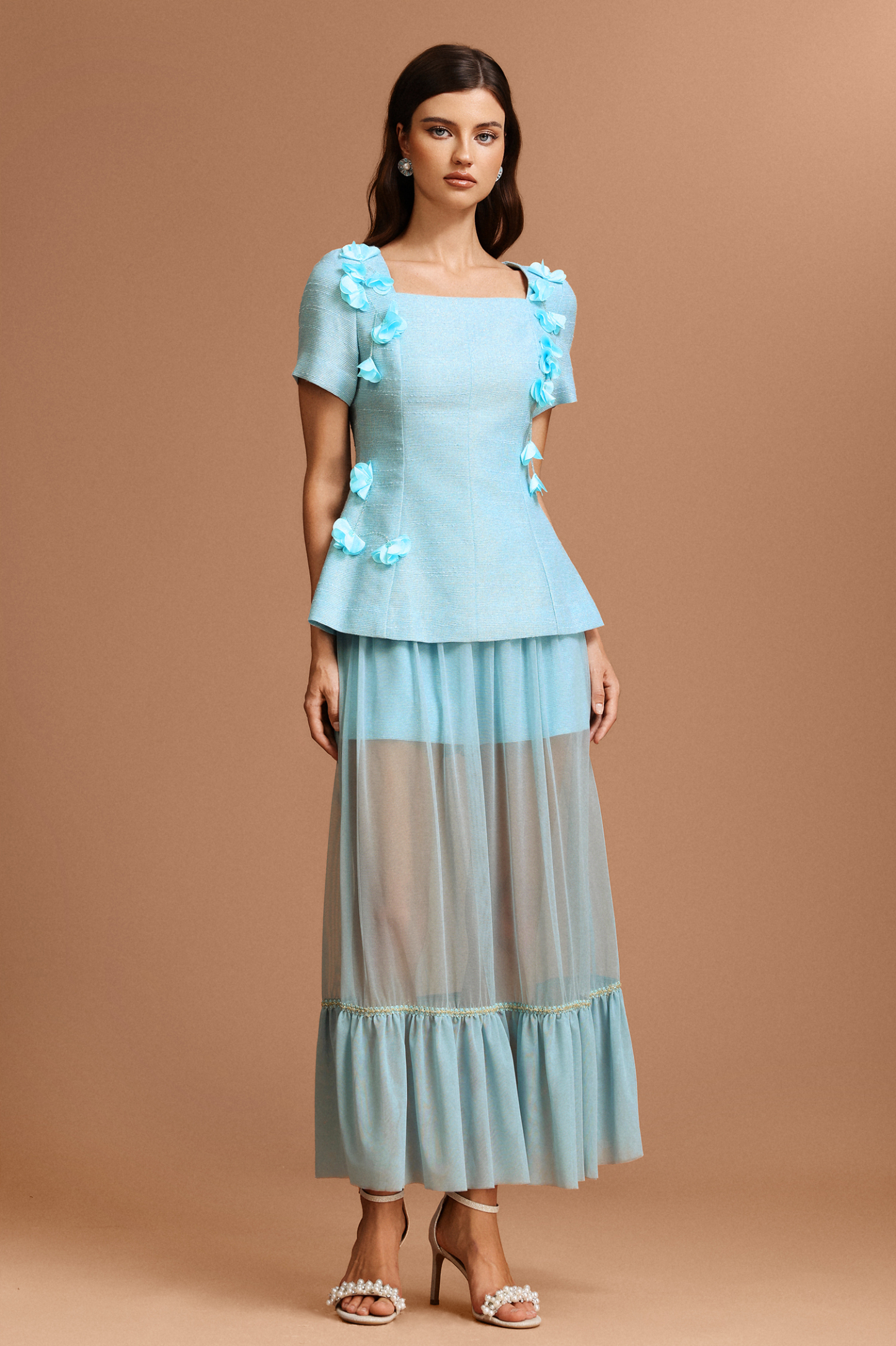 Linnaea Short Sleeves Flowers Folds Top And Skirt Two-Piece Set