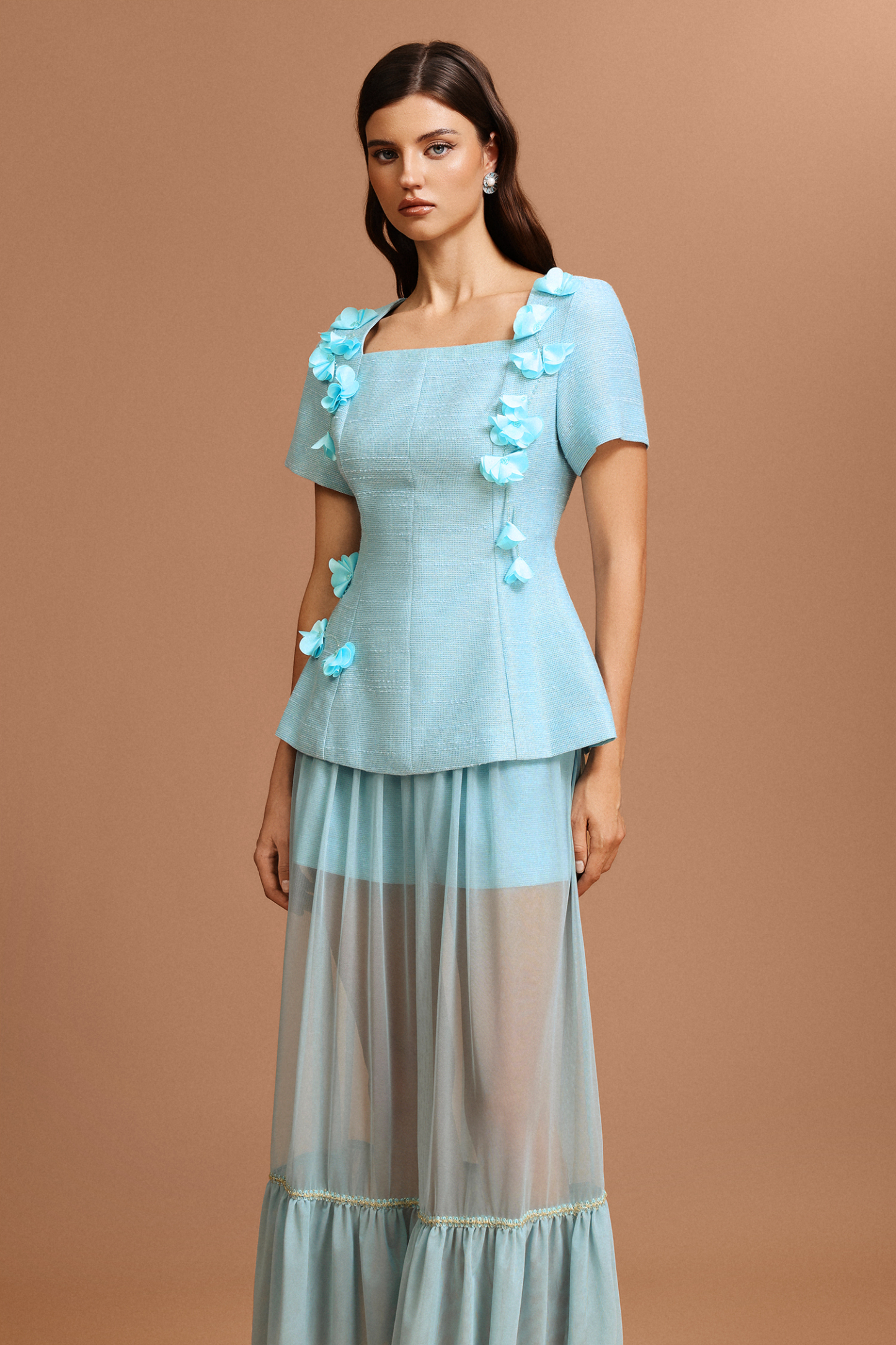 Linnaea Short Sleeves Flowers Folds Top And Skirt Two-Piece Set