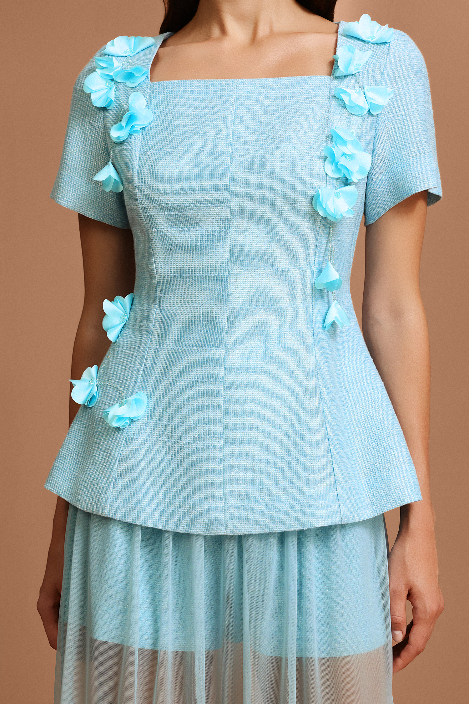 Linnaea Short Sleeves Flowers Folds Top And Skirt Two-Piece Set