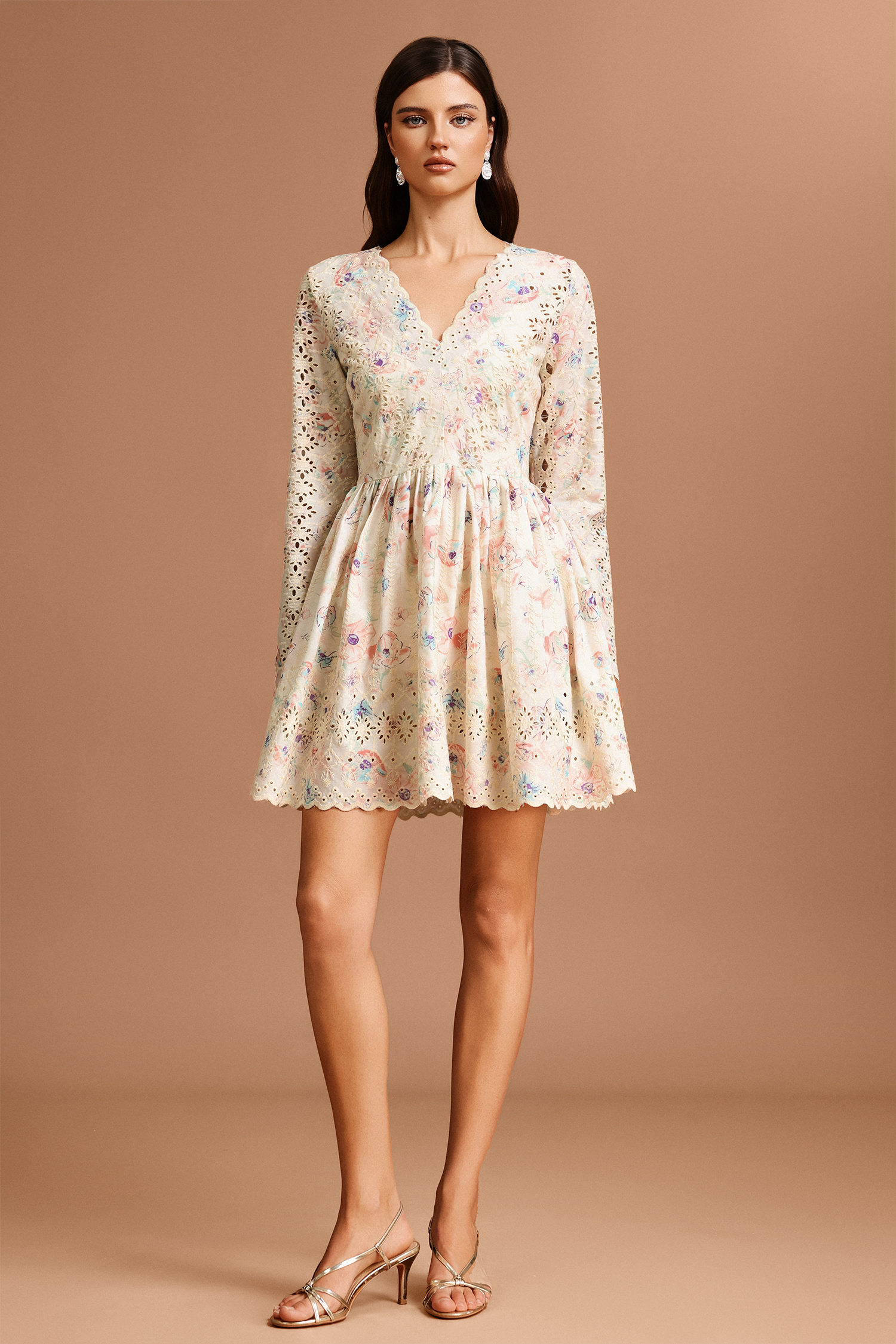 Ierra V-Neck Long Sleeves Floral Printed Lace Mini Dress