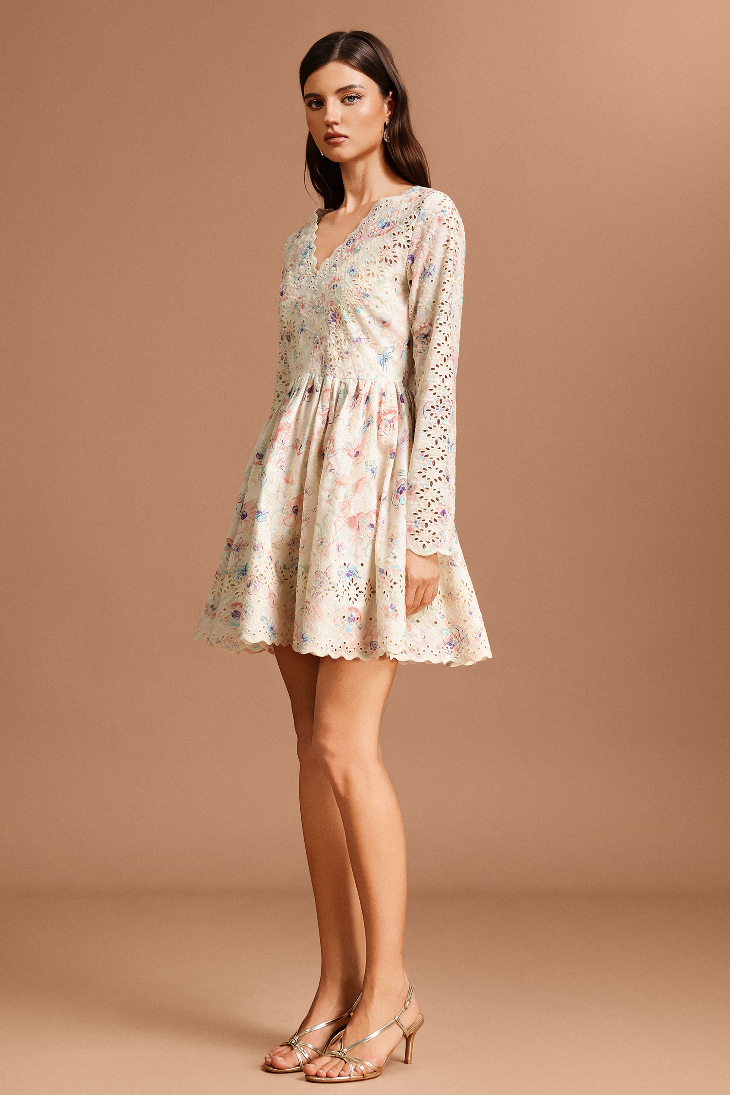 Ierra V-Neck Long Sleeves Floral Printed Lace Mini Dress