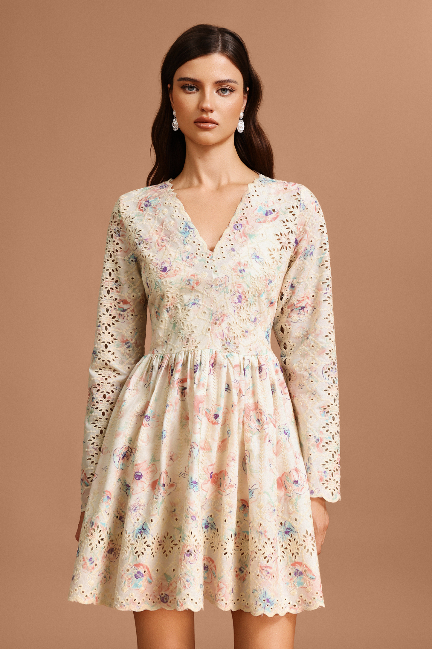Ierra V-Neck Long Sleeves Floral Printed Lace Mini Dress