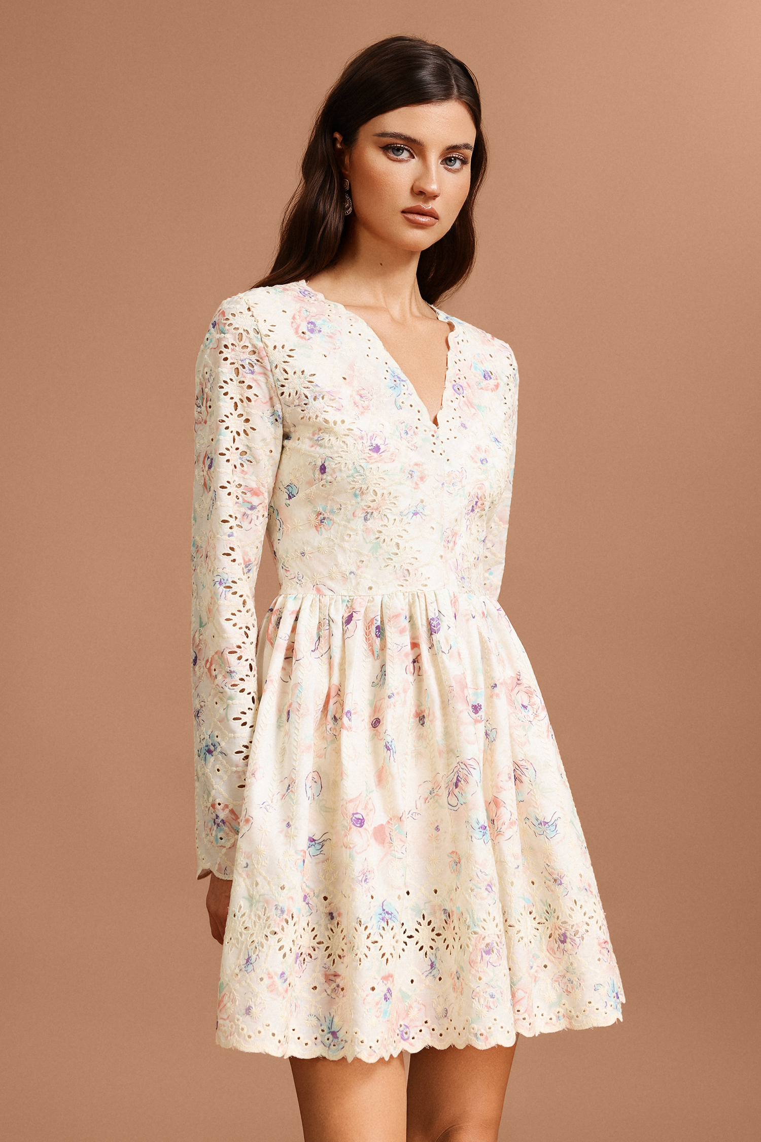 Ierra V-Neck Long Sleeves Floral Printed Lace Mini Dress